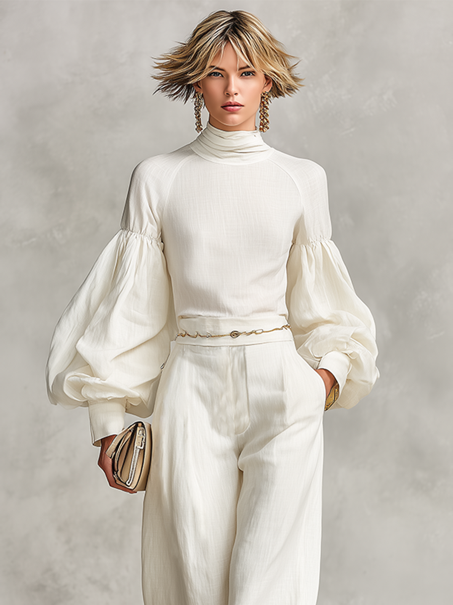 Women's Turtleneck Linen Vacation Wide Leg Two‑Piece Set (Without Belt) MDZ1484H3LYL