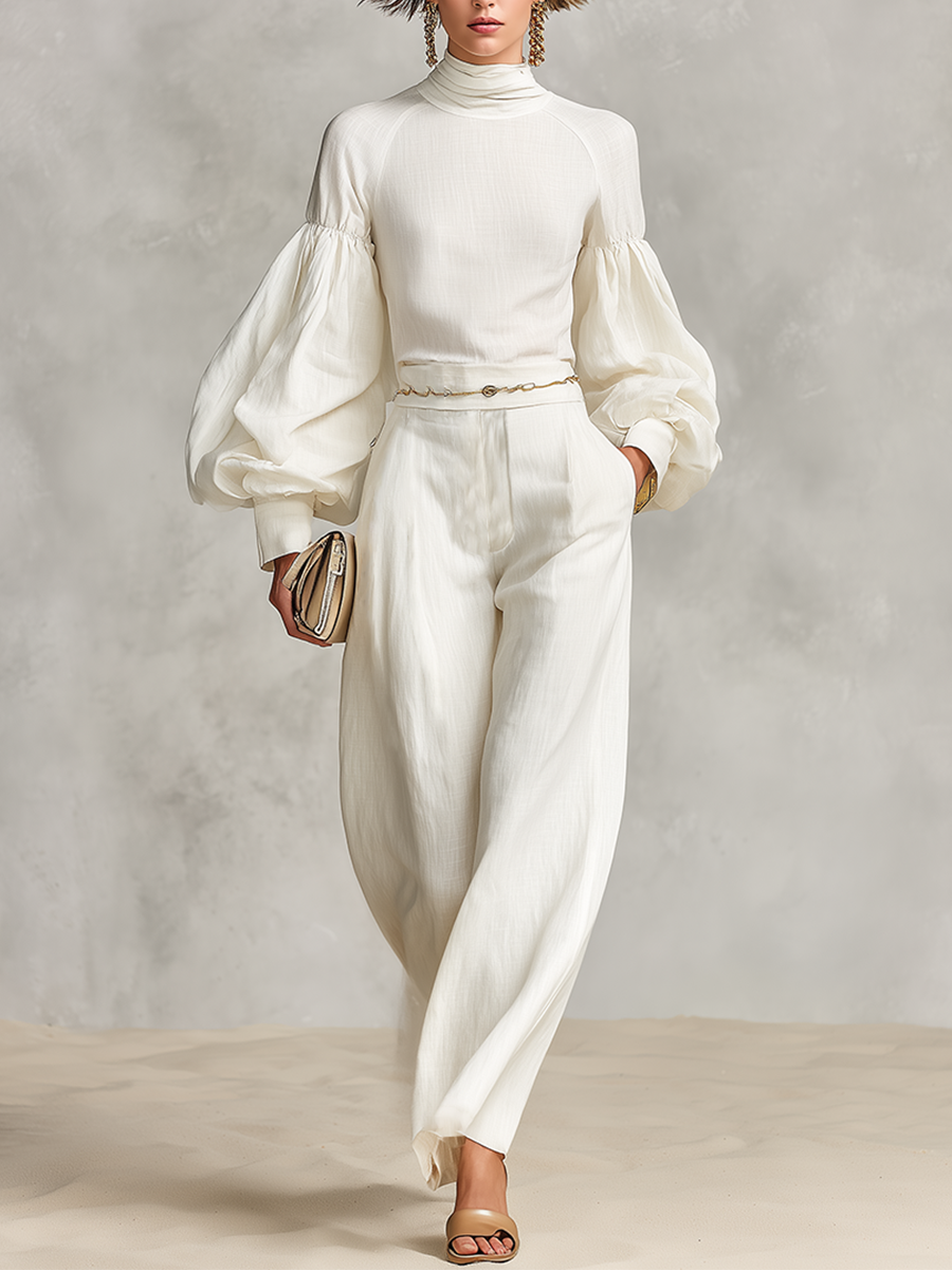 Women's Turtleneck Linen Vacation Wide Leg Two‑Piece Set (Without Belt) MDZ1484H3LYL