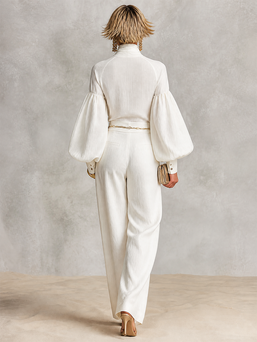 Women's Turtleneck Linen Vacation Wide Leg Two‑Piece Set (Without Belt) MDZ1484H3LYL