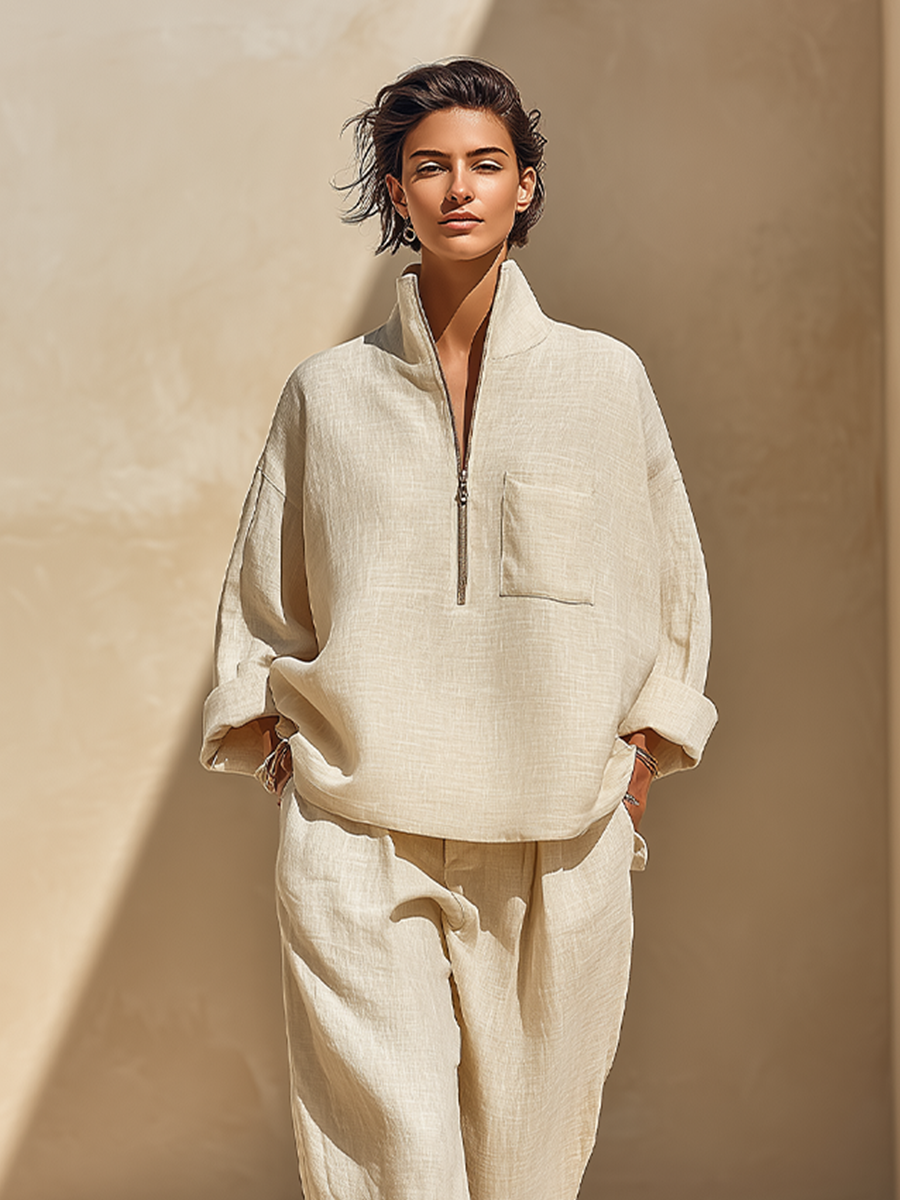 Women's Half‑Zip Stand Collar Linen Roll‑Sleeve Two‑Piece Set MDZ1441H2LYL