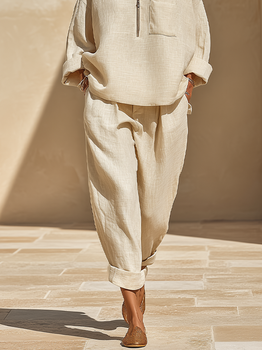 Women's Half‑Zip Stand Collar Linen Roll‑Sleeve Two‑Piece Set MDZ1441H2LYL