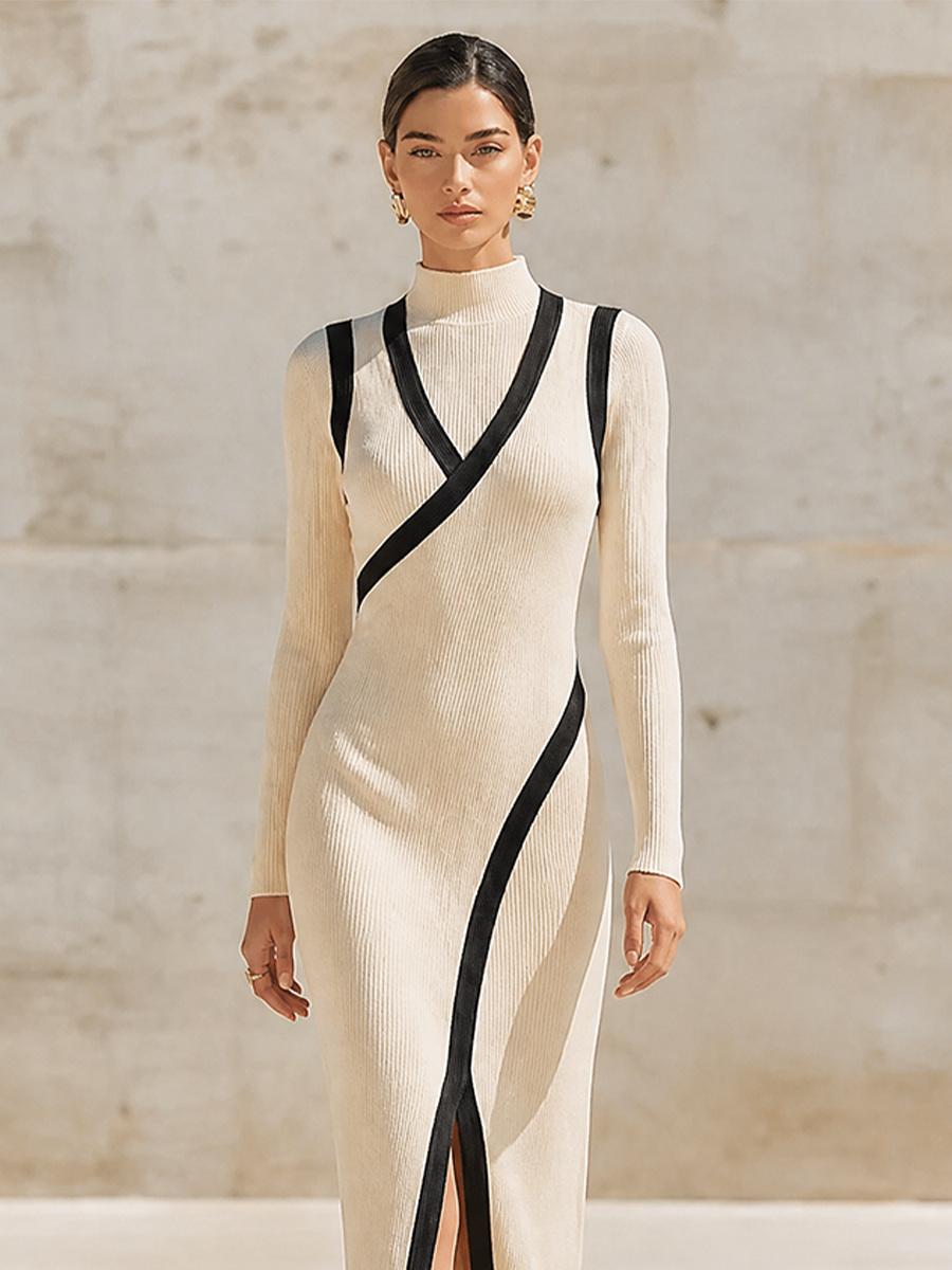 Women's Contrast Trim Mock Neck Knit Slit Dress MDZ1440H9LYL