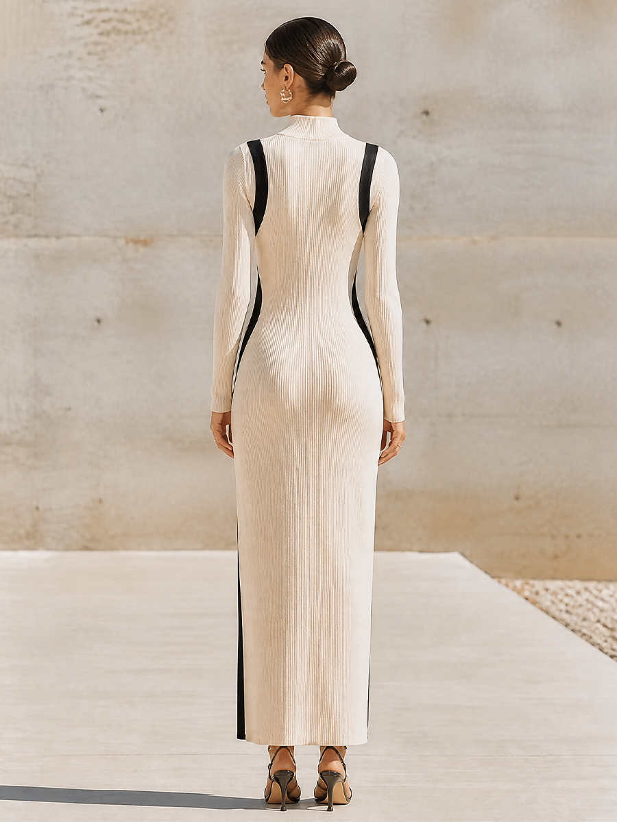 Women's Contrast Trim Mock Neck Knit Slit Dress MDZ1440H9LYL