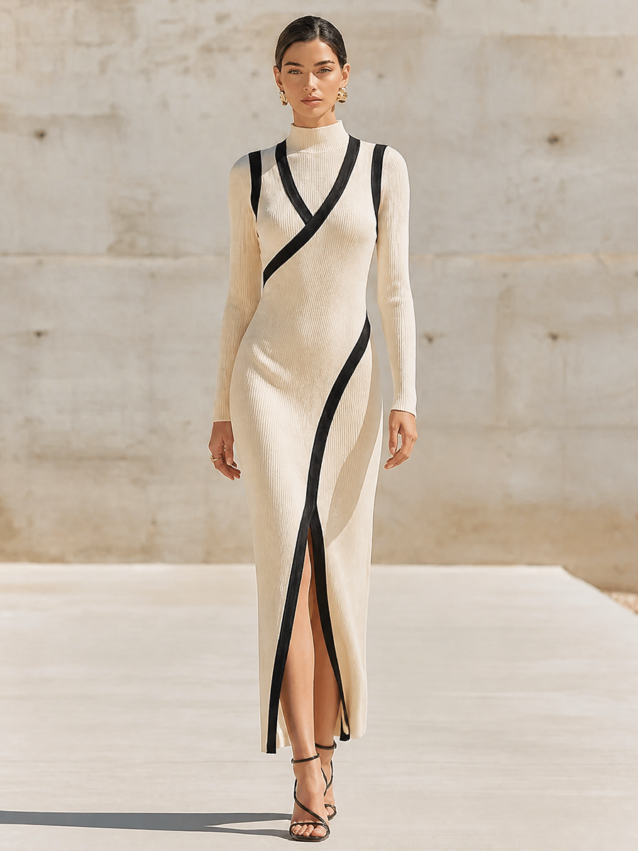 Women's Contrast Trim Mock Neck Knit Slit Dress MDZ1440H9LYL