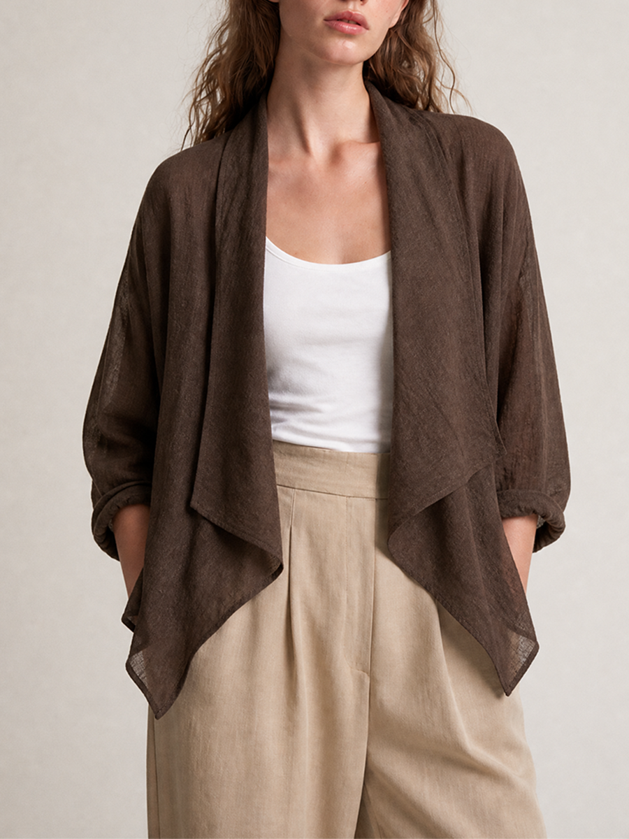 Women's Draped Lapel Linen Roll‑Sleeve Short Cardigan MDZ1478H0LYL