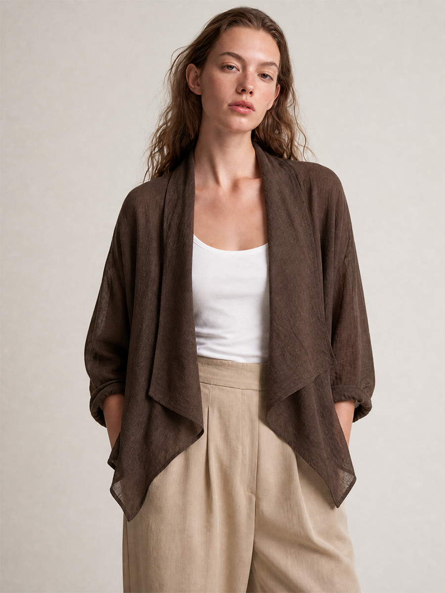 Women's Draped Lapel Linen Roll‑Sleeve Short Cardigan MDZ1478H0LYL