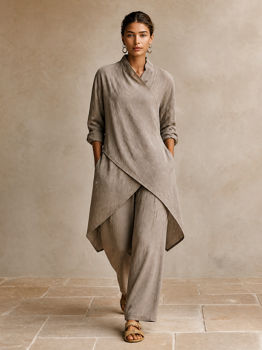 Women's Asymmetric Wrap Linen Vacation Two‑Piece Set MDZ1471H8LYL