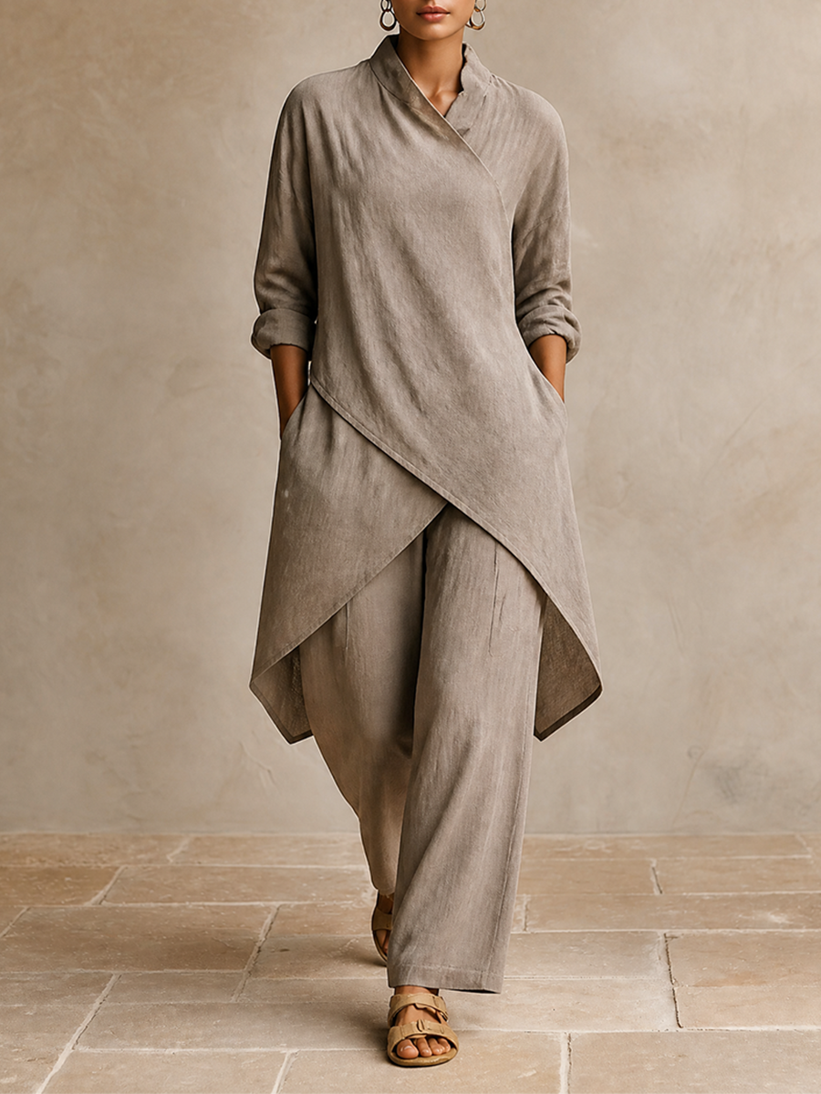 Women's Asymmetric Wrap Linen Vacation Two‑Piece Set MDZ1471H8LYL