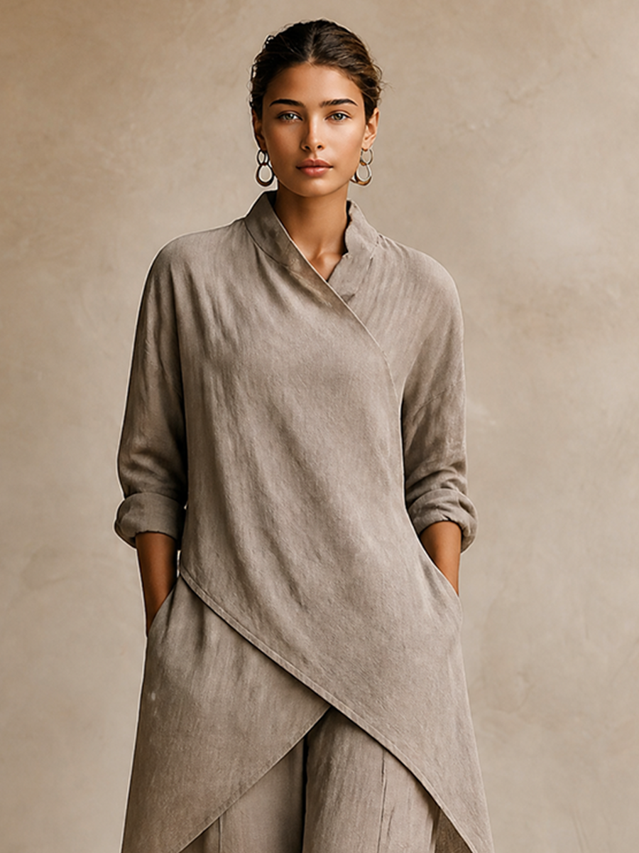 Women's Asymmetric Wrap Linen Vacation Two‑Piece Set MDZ1471H8LYL
