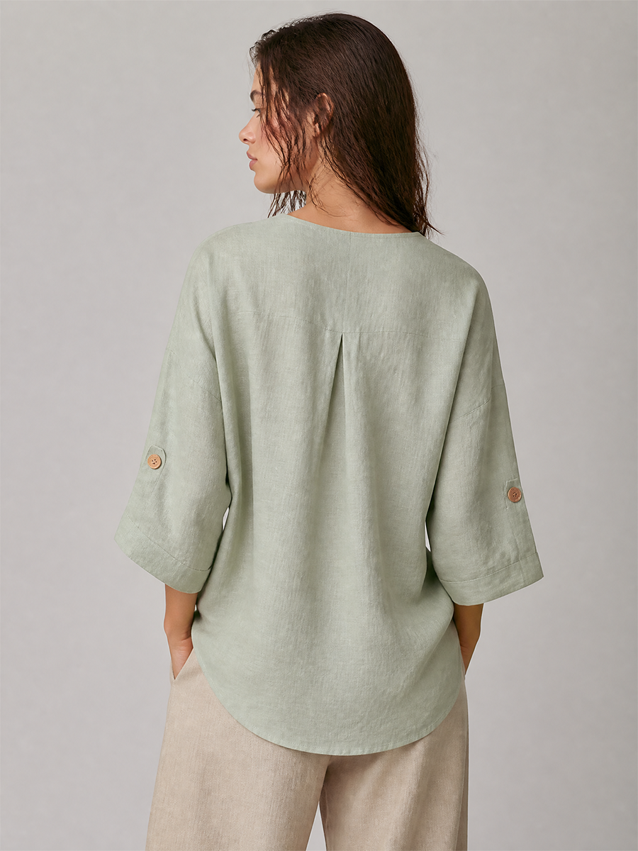 Women's Wrap V‑Neck Linen Roll‑Tab Sleeve Jacket MDZ1457H2LYL