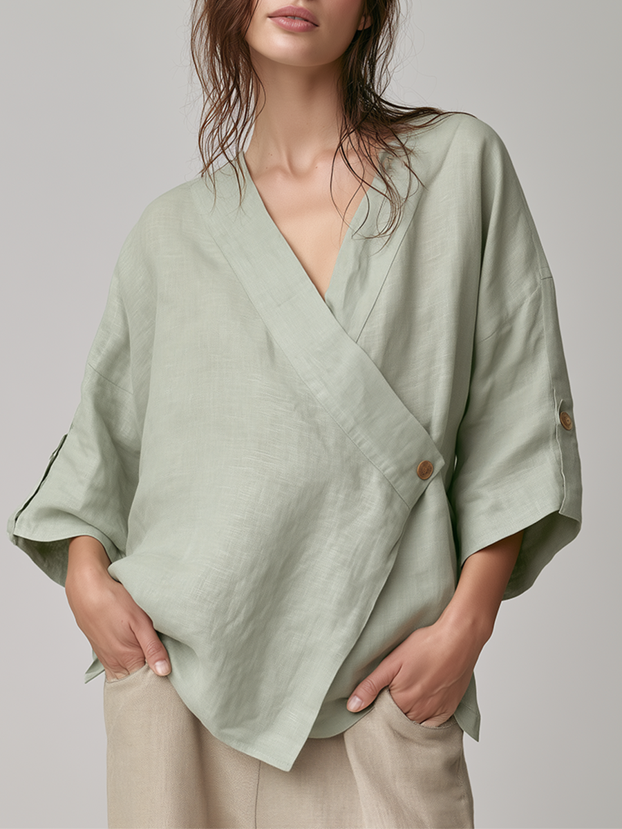 Women's Wrap V‑Neck Linen Roll‑Tab Sleeve Jacket MDZ1457H2LYL