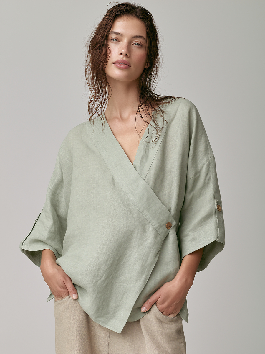 Women's Wrap V‑Neck Linen Roll‑Tab Sleeve Jacket MDZ1457H2LYL
