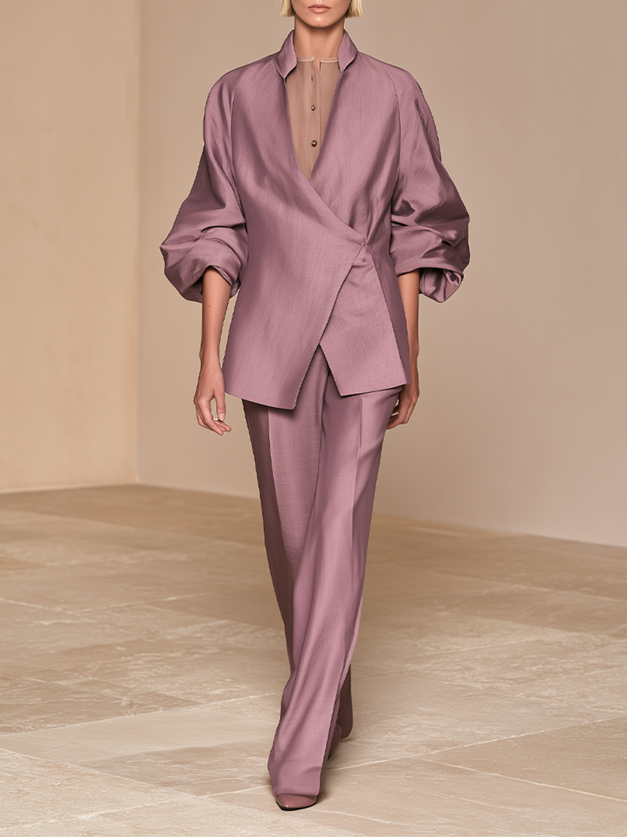 Women's Faux‑Two‑Piece Wrap Stand Collar Pant Set MDZ1434H3LYL