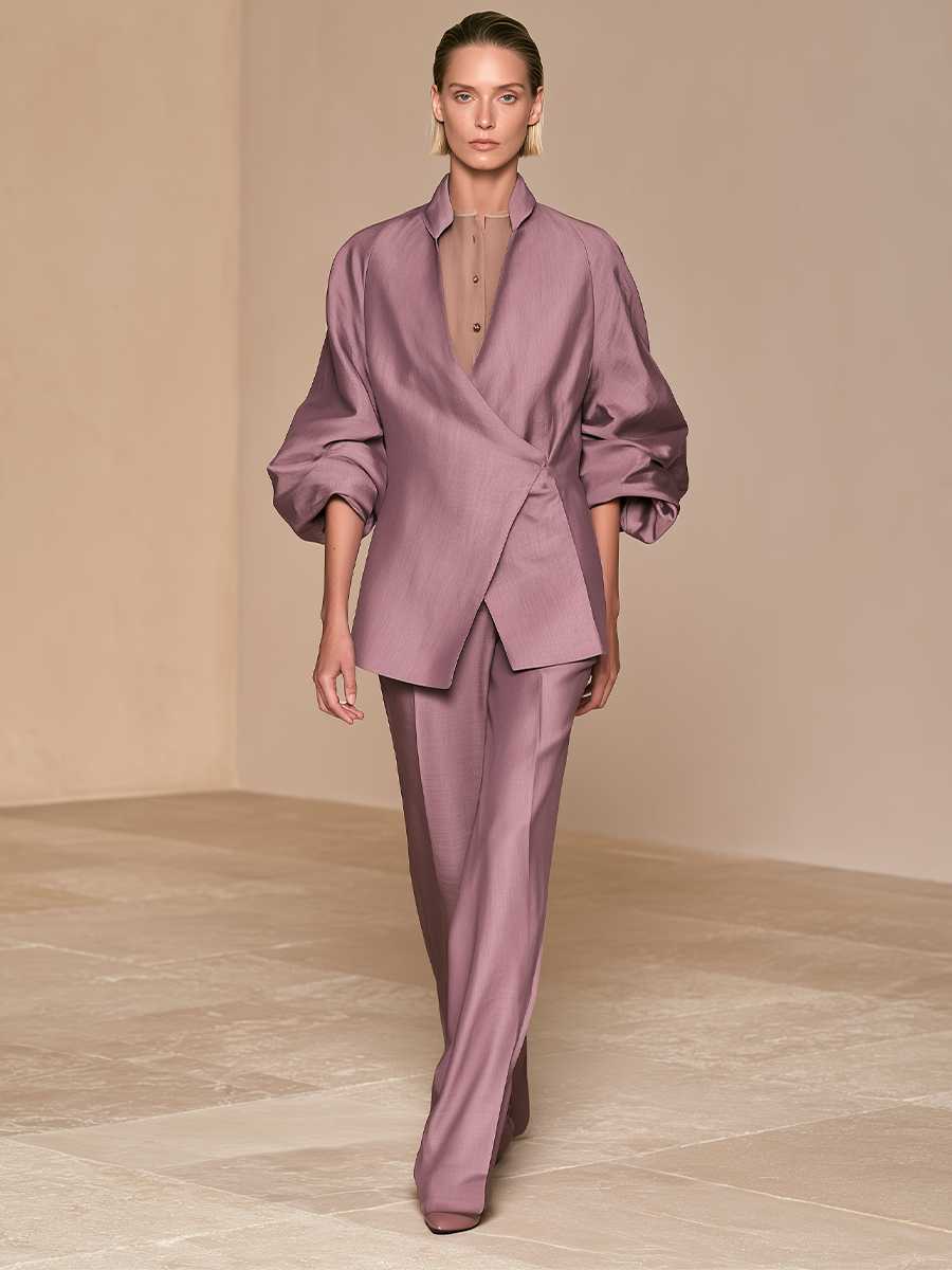Women's Faux‑Two‑Piece Wrap Stand Collar Pant Set MDZ1434H3LYL