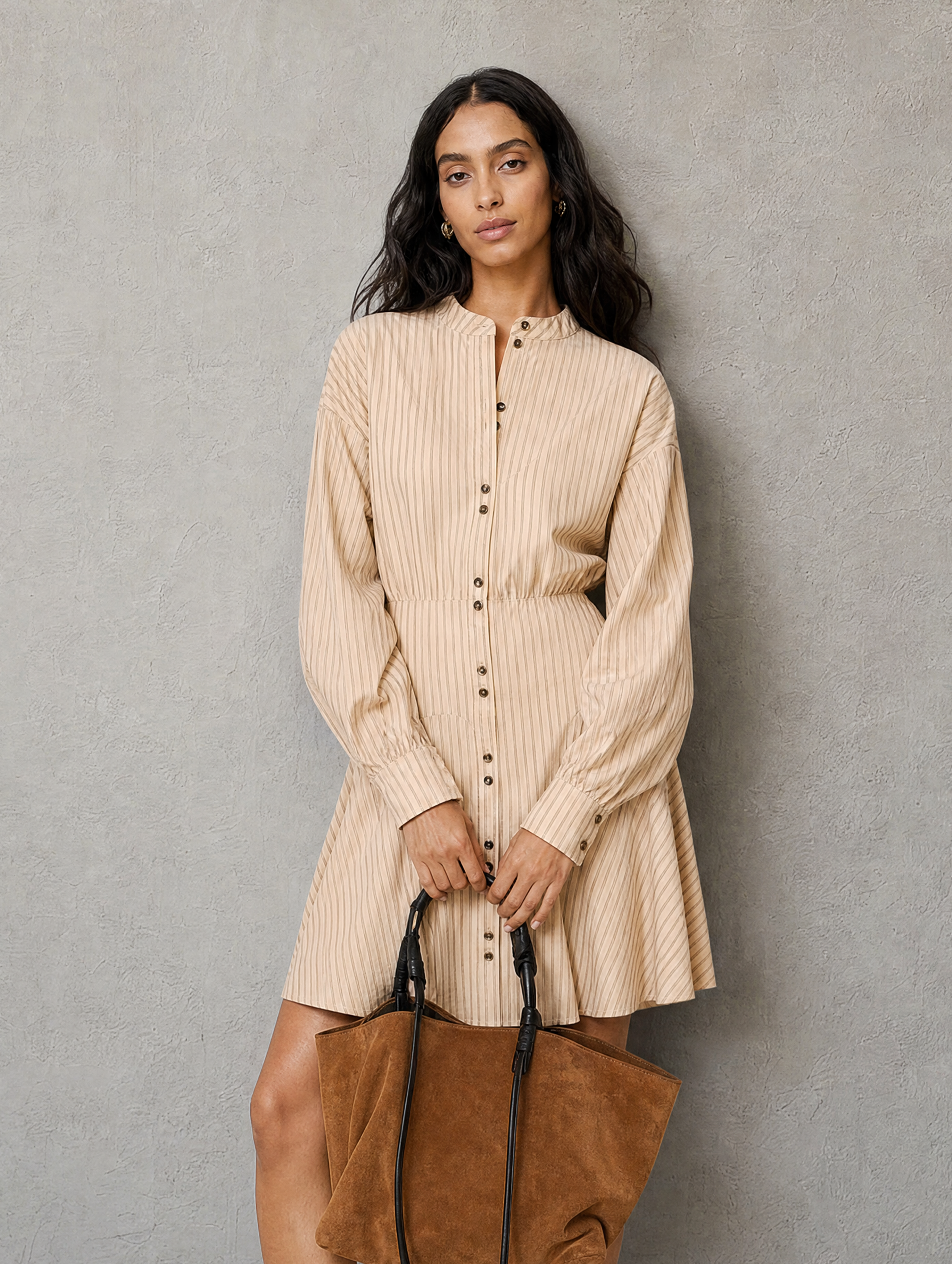 Women's Elegant Beige Striped Woven Long-Sleeve Mini Dress MDZ1494H8LXY