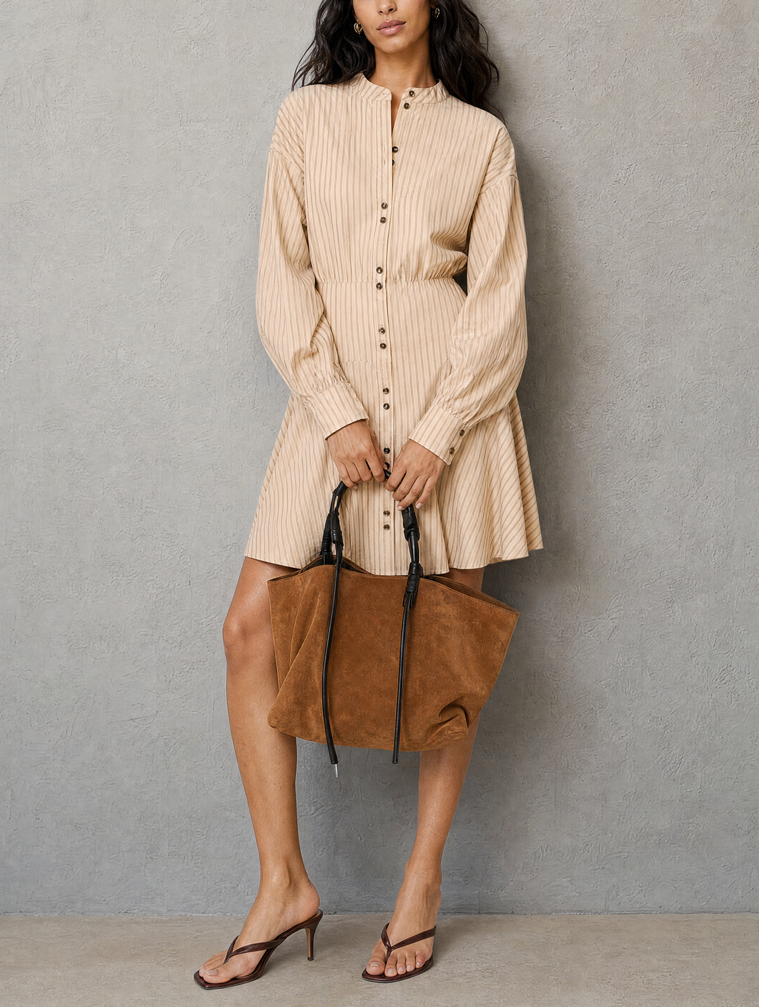 Women's Elegant Beige Striped Woven Long-Sleeve Mini Dress MDZ1494H8LXY