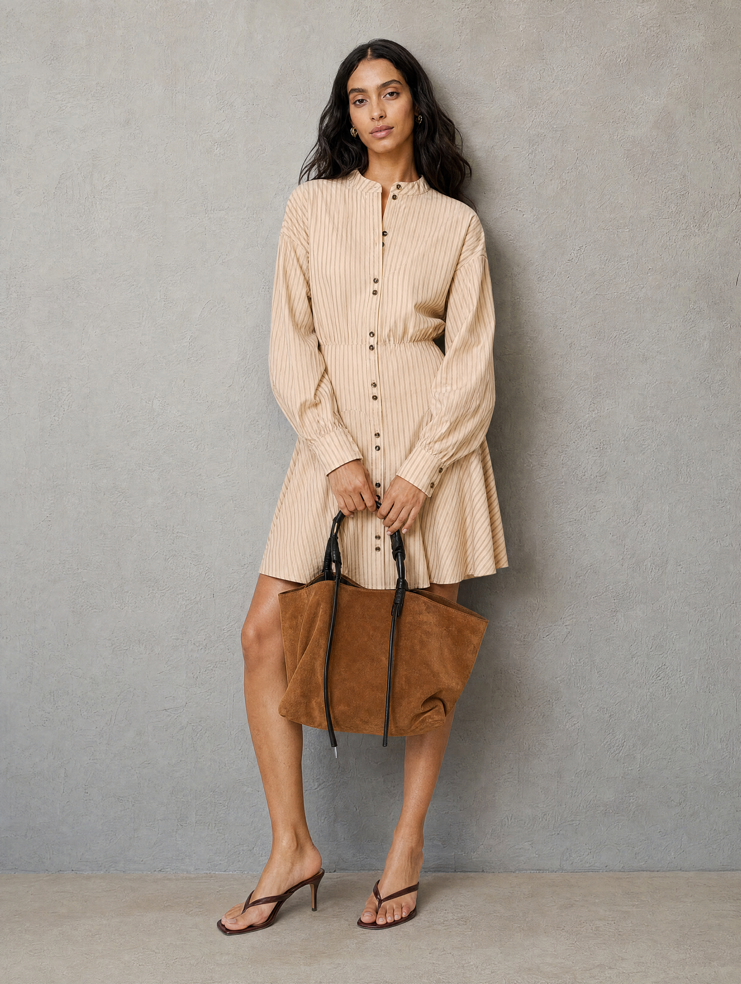 Women's Elegant Beige Striped Woven Long-Sleeve Mini Dress MDZ1494H8LXY