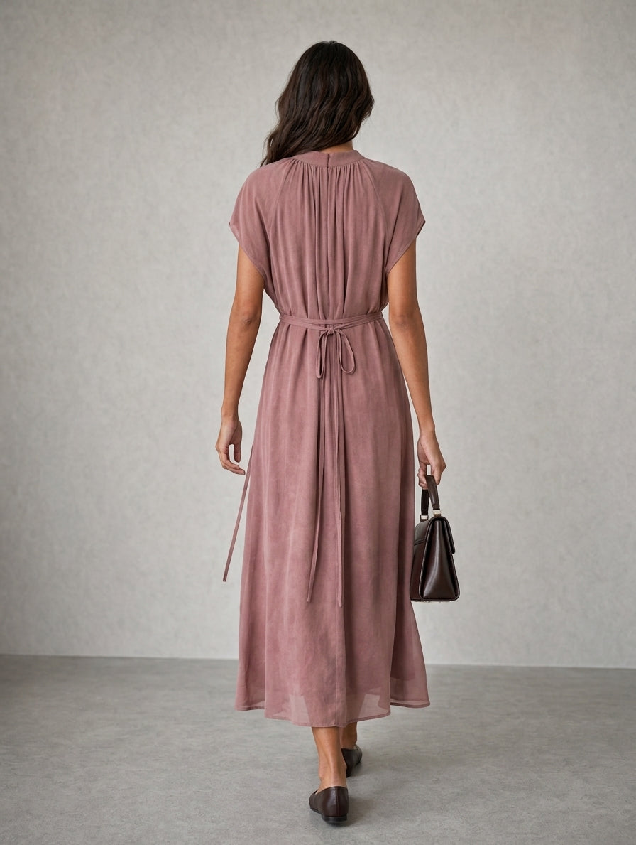 Women's Elegant Dusty Pink Chiffon Short-Sleeve Maxi Dress MDZ1473H8LXY