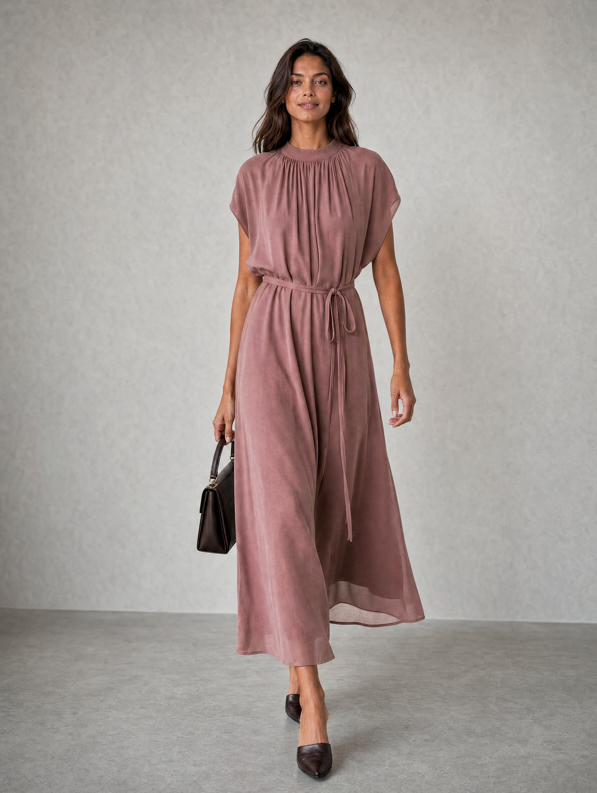 Women's Elegant Dusty Pink Chiffon Short-Sleeve Maxi Dress MDZ1473H8LXY