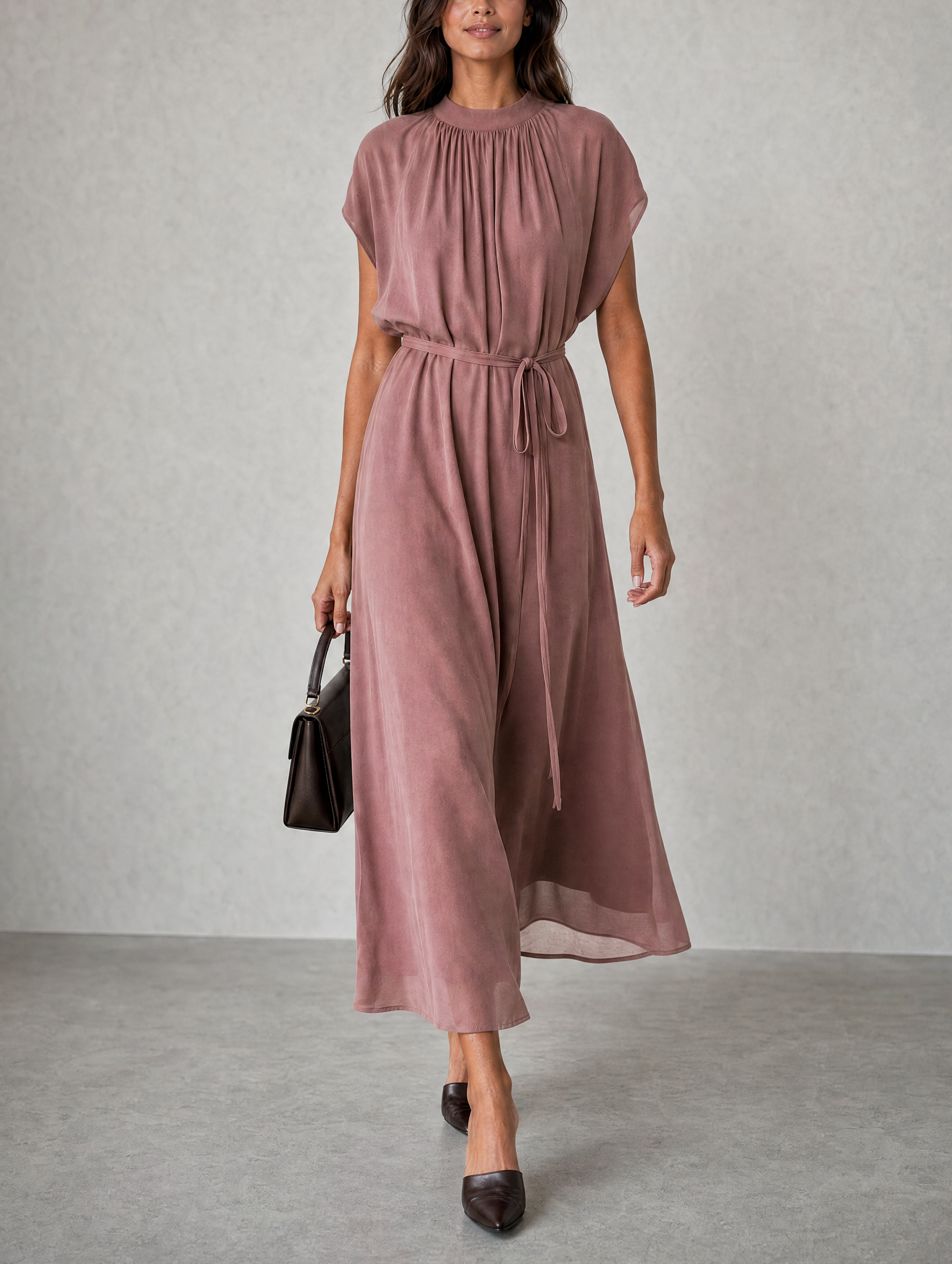 Women's Elegant Dusty Pink Chiffon Short-Sleeve Maxi Dress MDZ1473H8LXY
