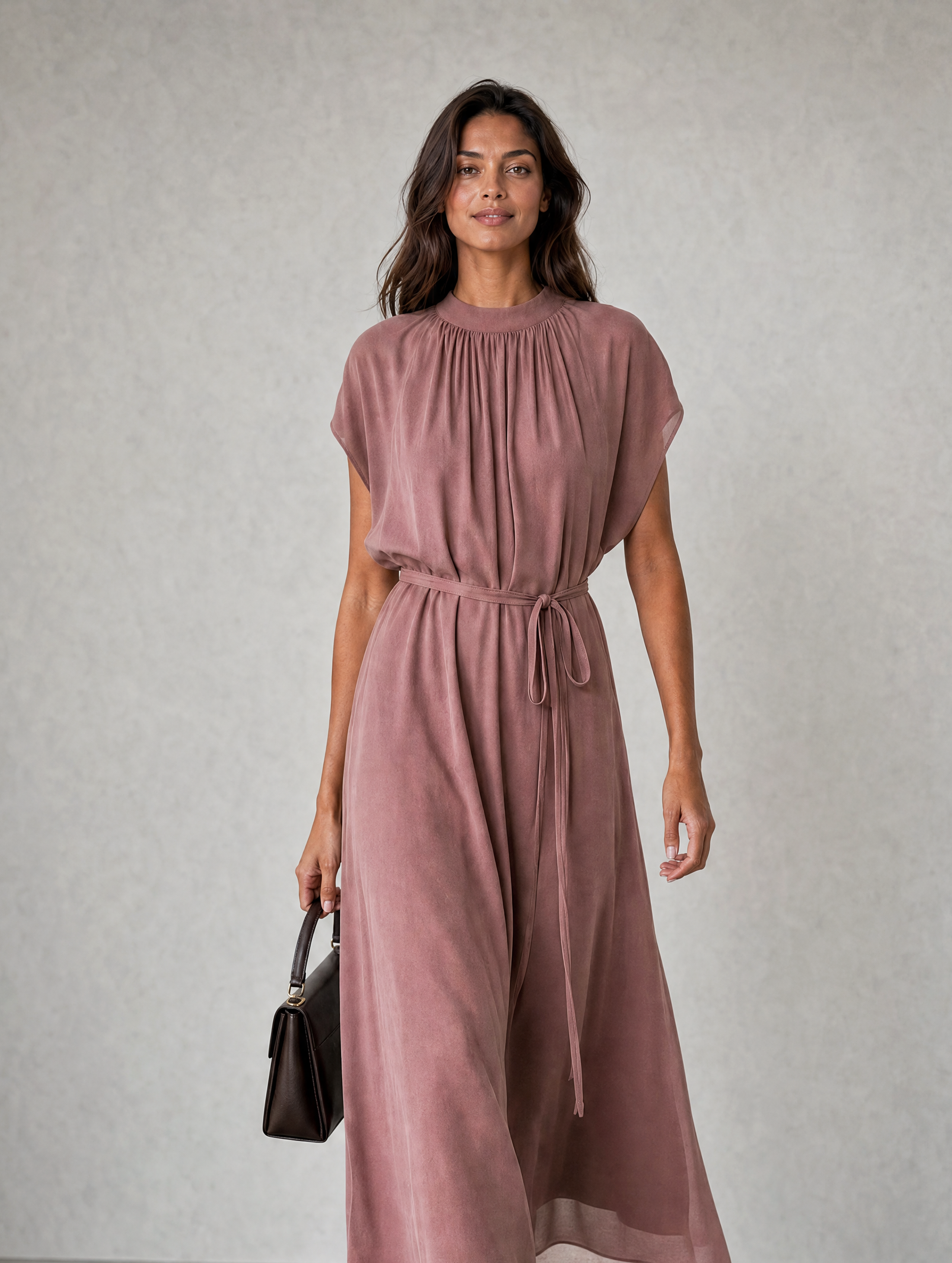 Women's Elegant Dusty Pink Chiffon Short-Sleeve Maxi Dress MDZ1473H8LXY