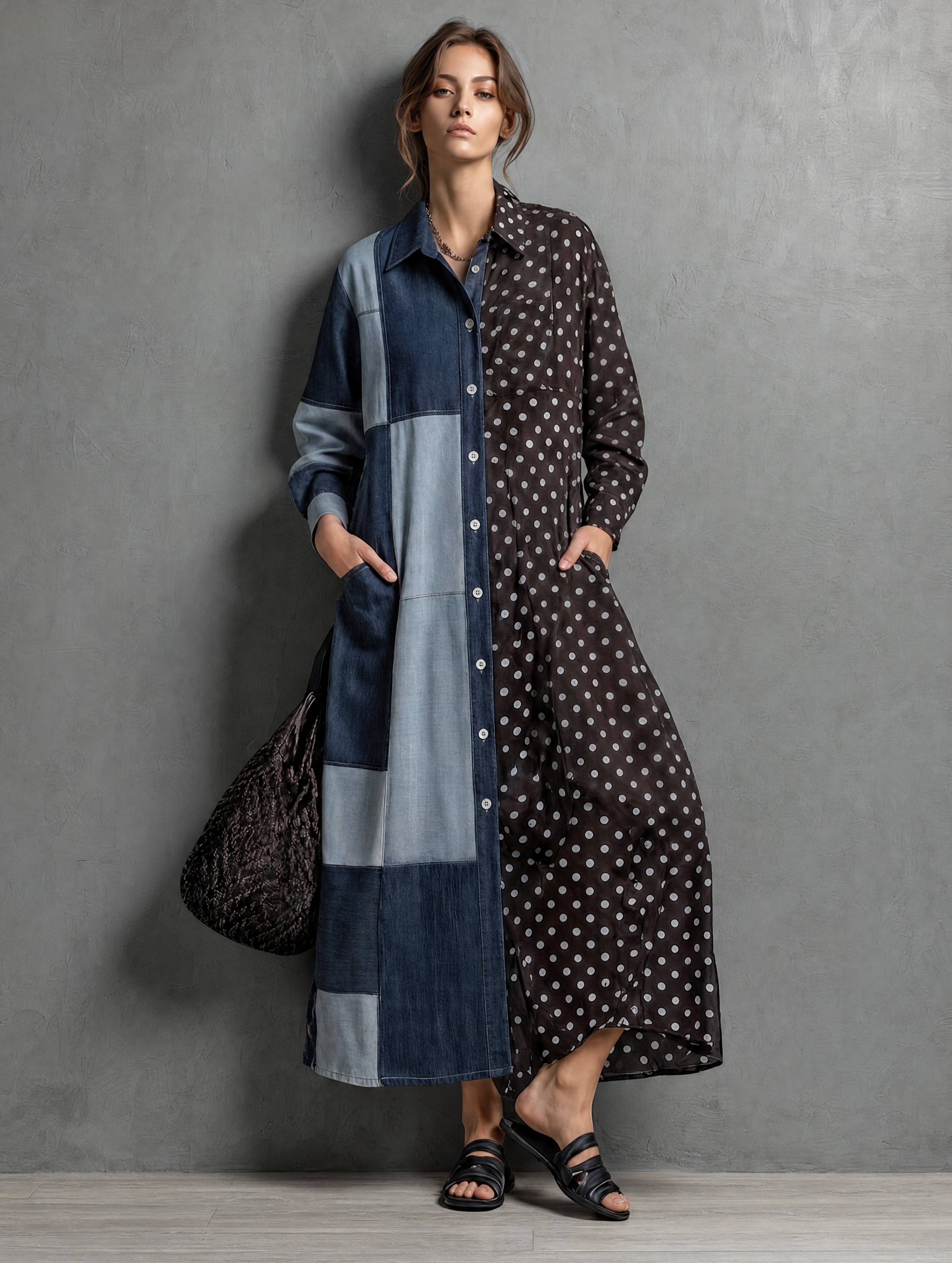 Women's Elegant Woven Faux-Denim And Polka-Dot Paneling Long-Sleeve Maxi Dress MDZ1464H5LXY