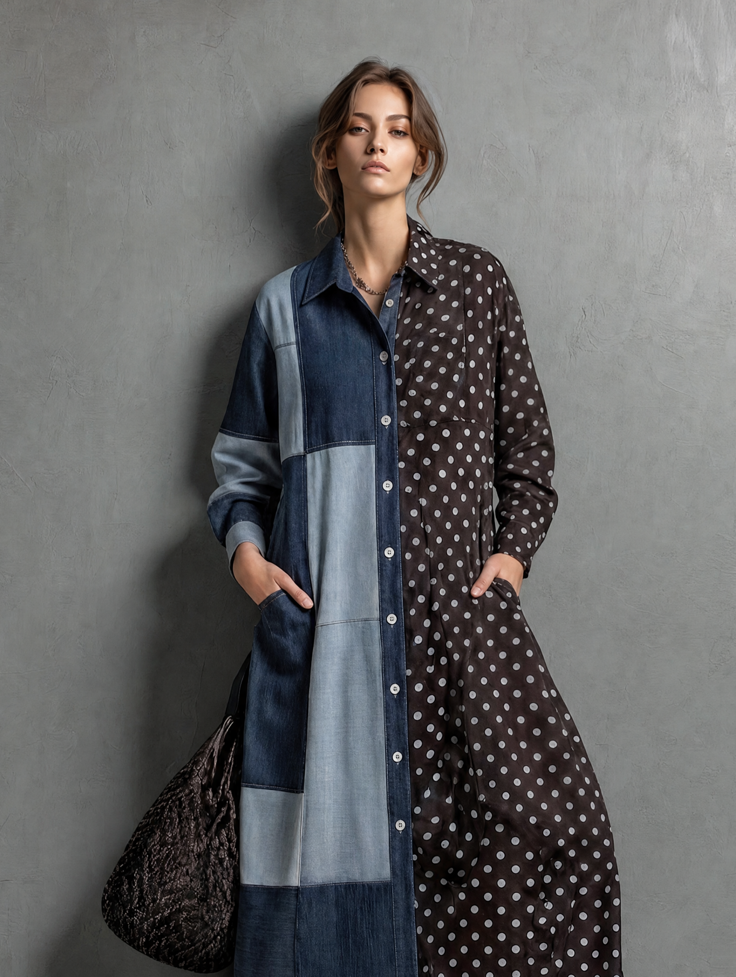 Women's Elegant Woven Faux-Denim And Polka-Dot Paneling Long-Sleeve Maxi Dress MDZ1464H5LXY