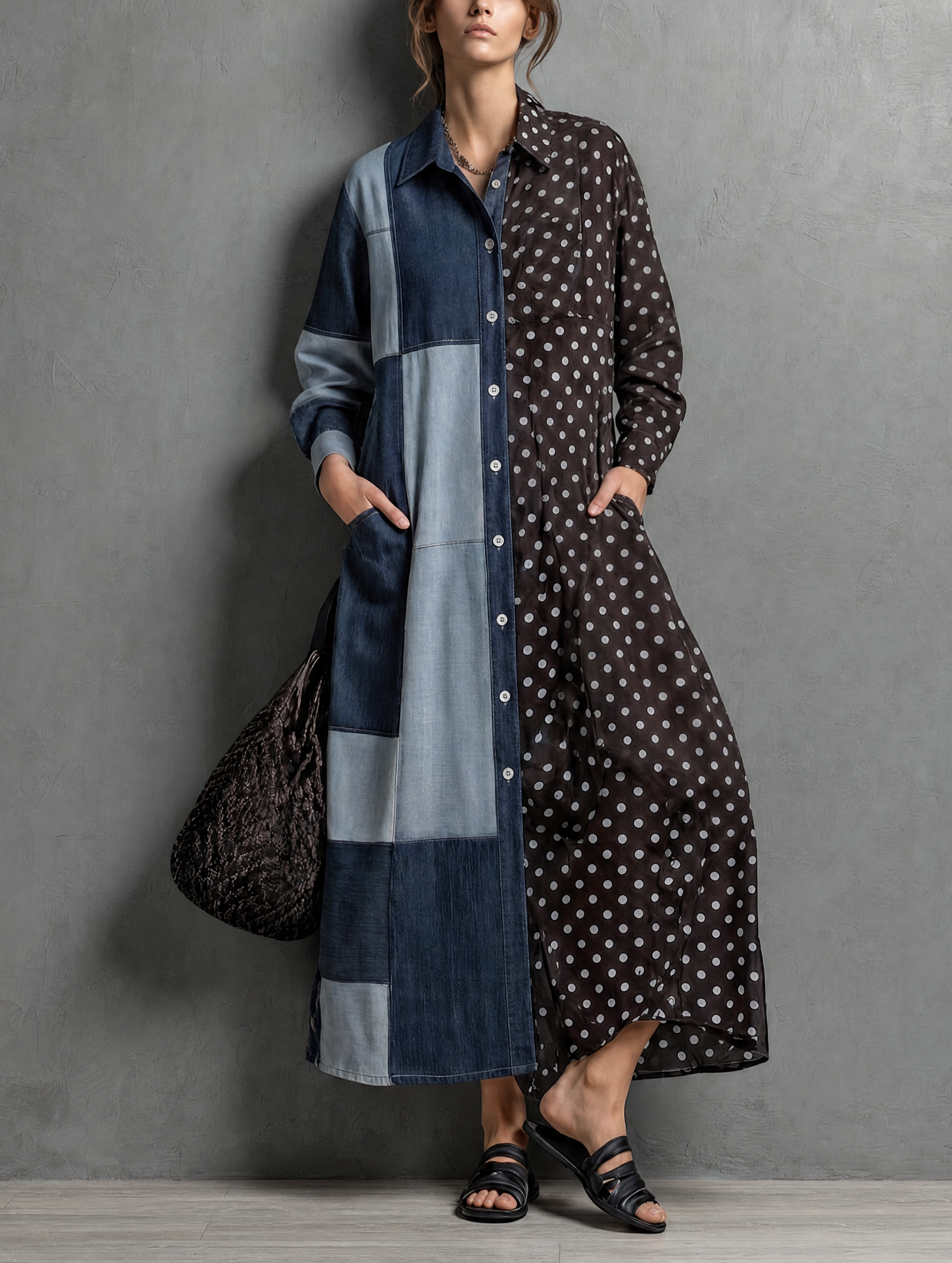 Women's Elegant Woven Faux-Denim And Polka-Dot Paneling Long-Sleeve Maxi Dress MDZ1464H5LXY