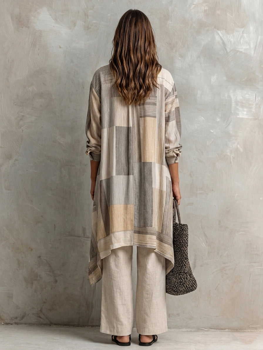 Women's Elegant Beige Striped Print Long-Sleeved Shirt And Khaki Cotton-Linen Trousers 2-Piece Set MDZ1470H6LXY