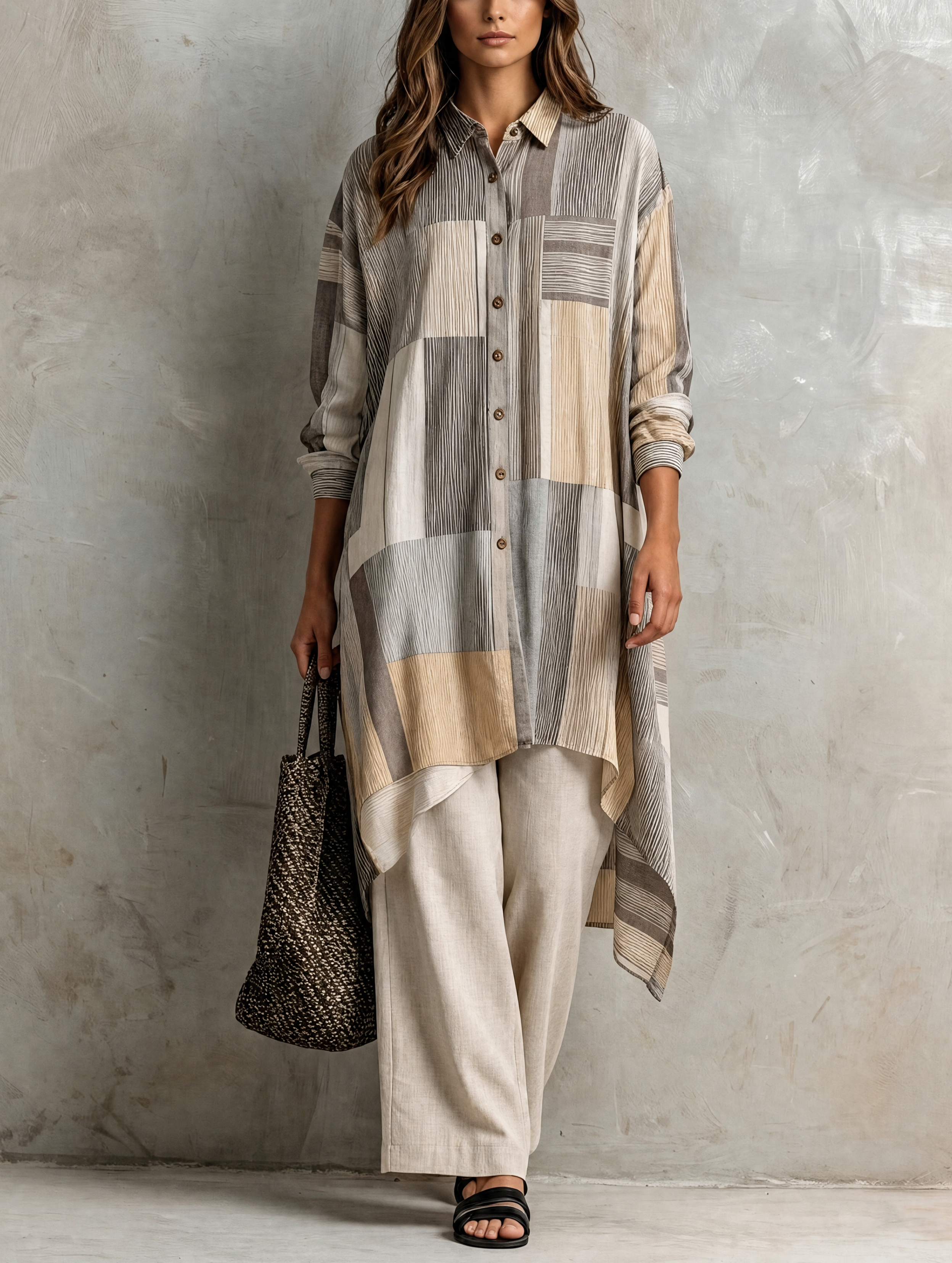 Women's Elegant Beige Striped Print Long-Sleeved Shirt And Khaki Cotton-Linen Trousers 2-Piece Set MDZ1470H6LXY