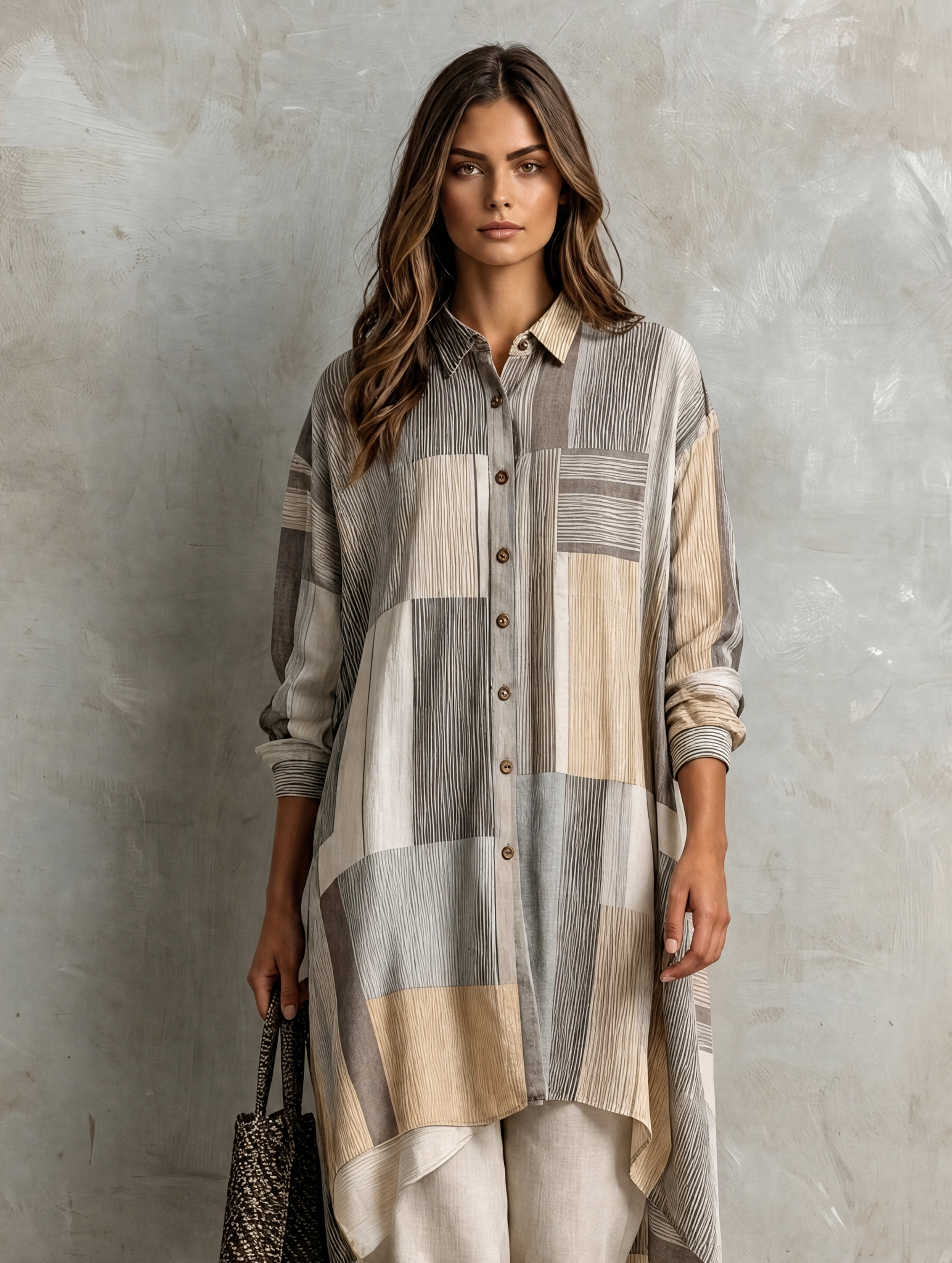 Women's Elegant Beige Striped Print Long-Sleeved Shirt And Khaki Cotton-Linen Trousers 2-Piece Set MDZ1470H6LXY