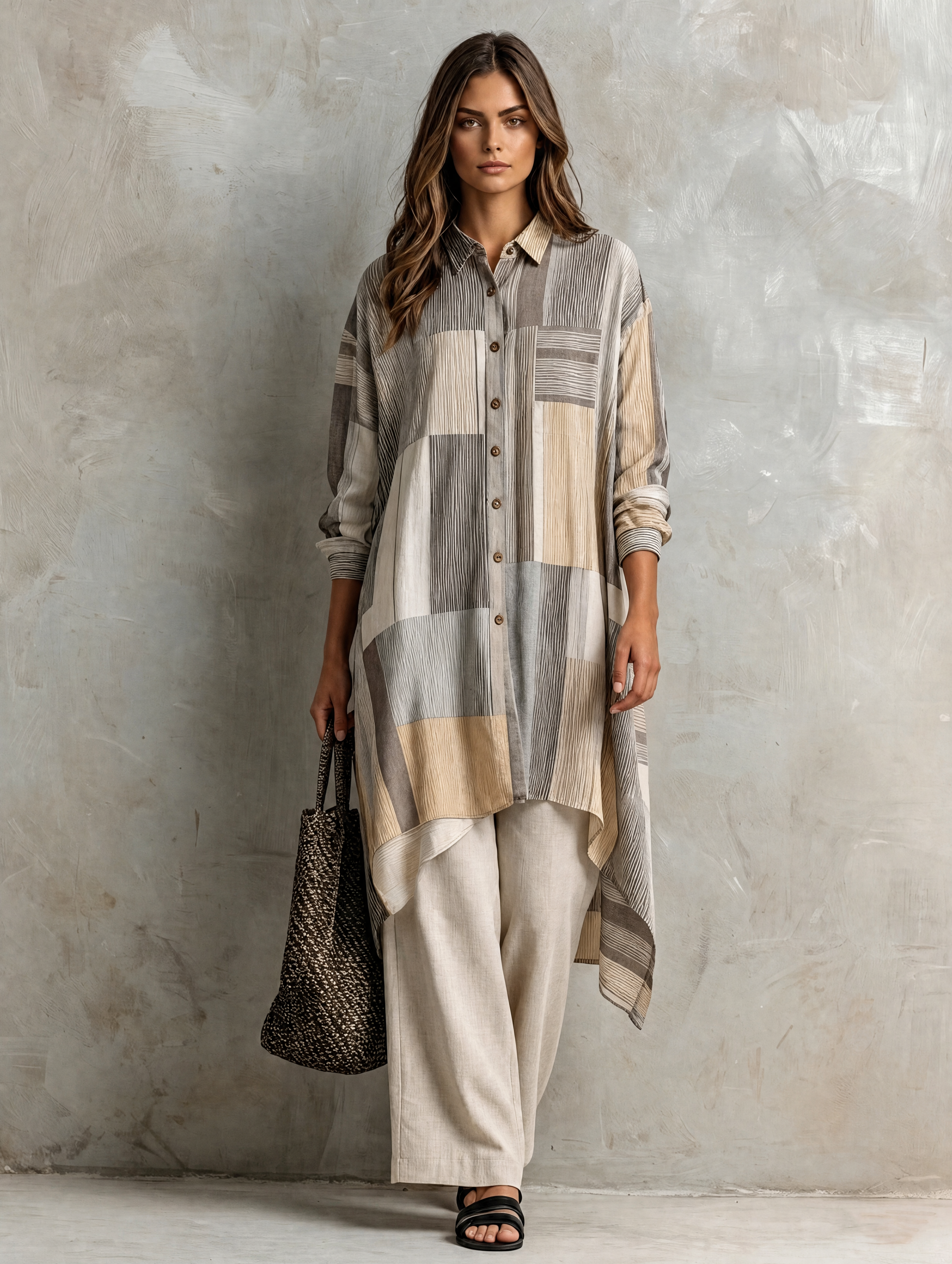 Women's Elegant Beige Striped Print Long-Sleeved Shirt And Khaki Cotton-Linen Trousers 2-Piece Set MDZ1470H6LXY