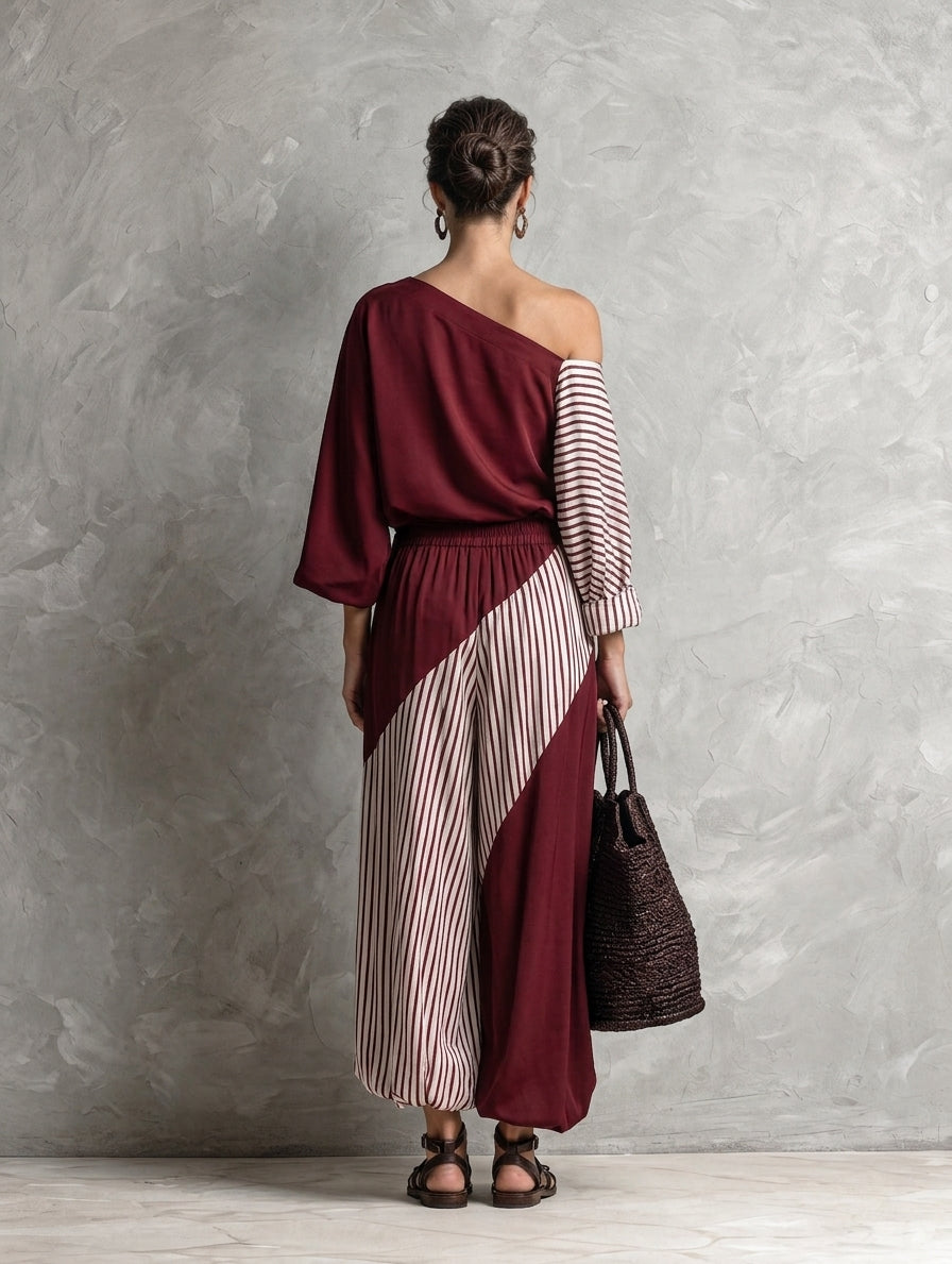 Women's Elegant Dark Red Striped Print Woven One-Shoulder Long-Sleeve Top And Pants Two-Piece Set MDZ1456H8LXY