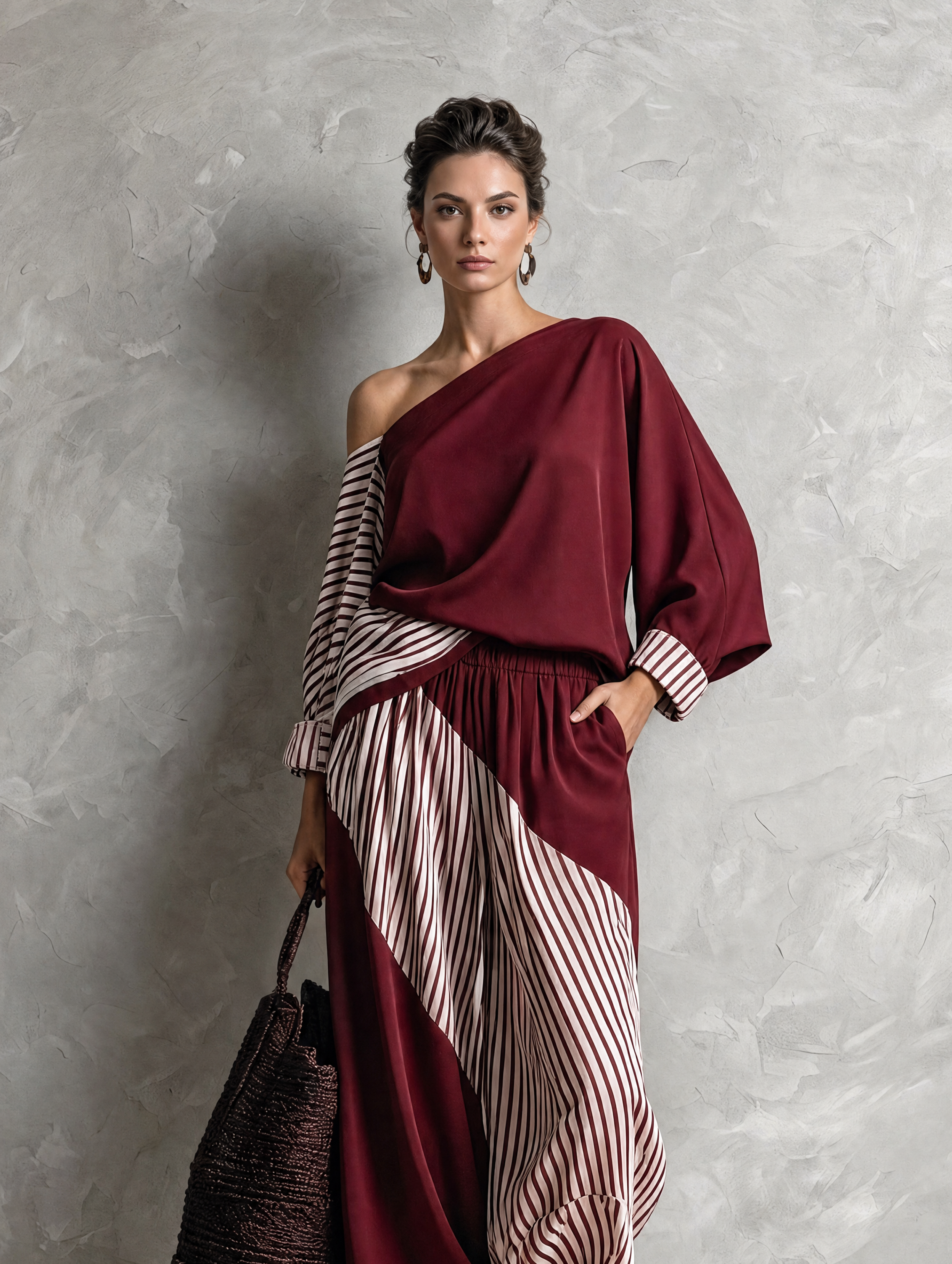 Women's Elegant Dark Red Striped Print Woven One-Shoulder Long-Sleeve Top And Pants Two-Piece Set MDZ1456H8LXY