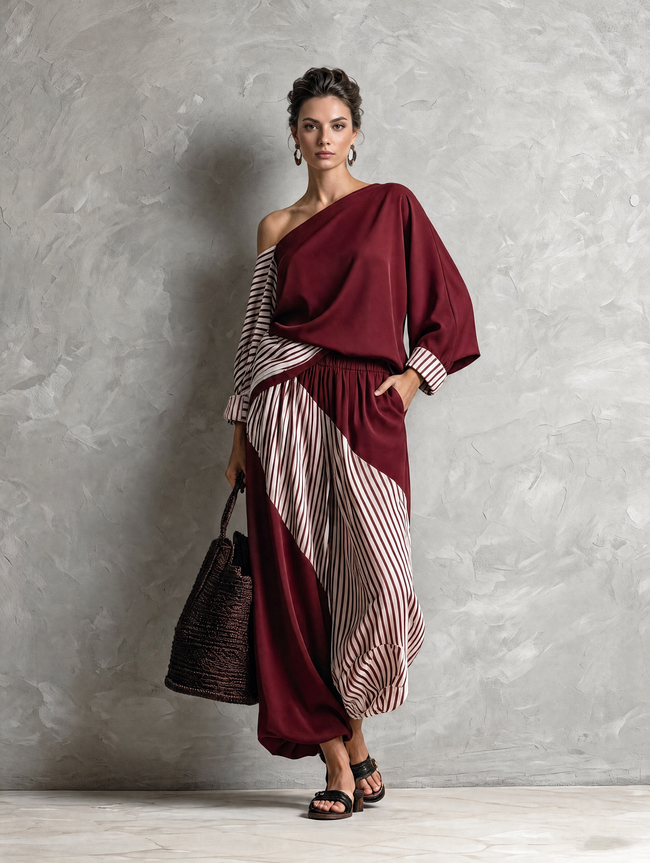 Women's Elegant Dark Red Striped Print Woven One-Shoulder Long-Sleeve Top And Pants Two-Piece Set MDZ1456H8LXY