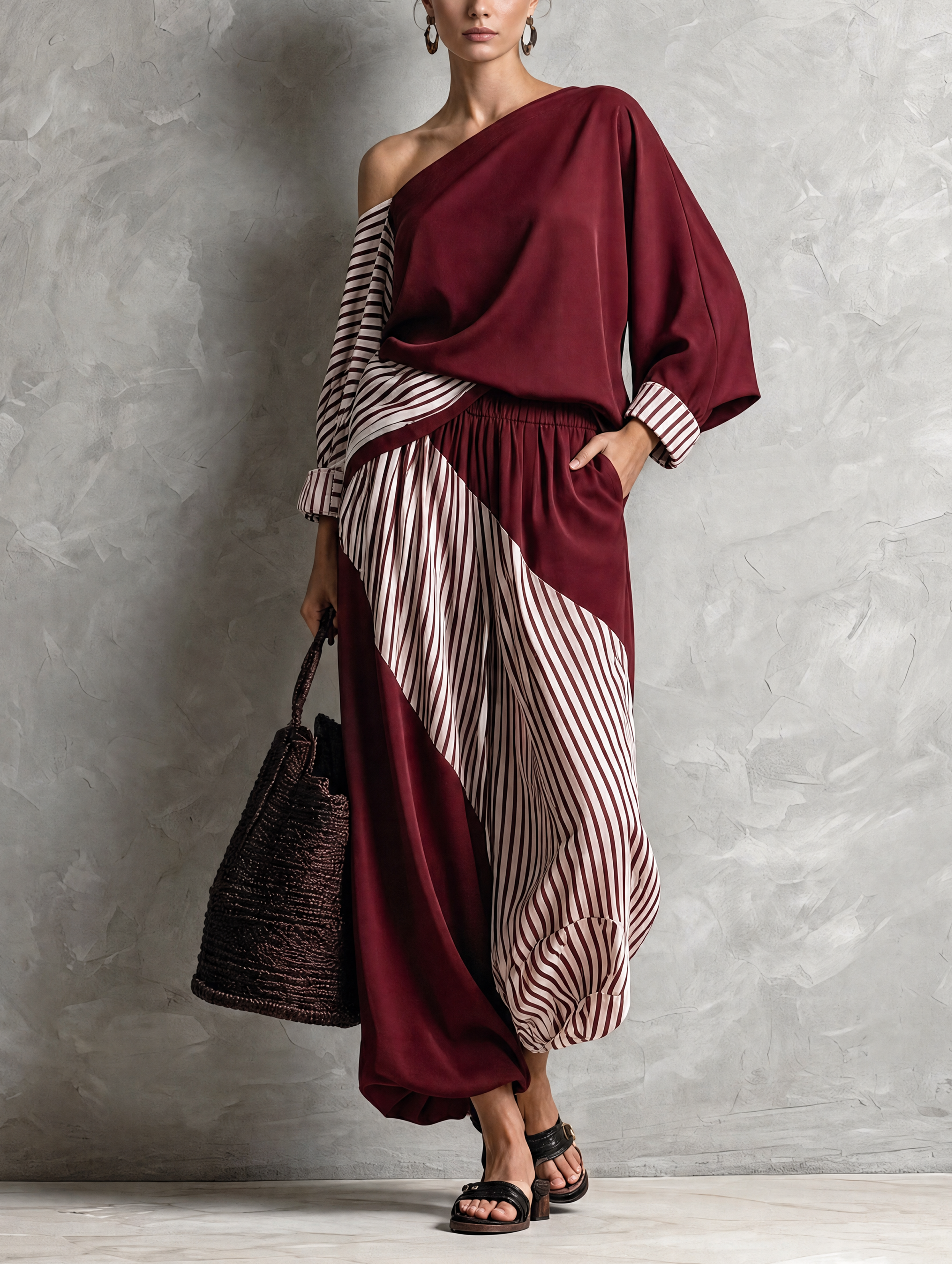 Women's Elegant Dark Red Striped Print Woven One-Shoulder Long-Sleeve Top And Pants Two-Piece Set MDZ1456H8LXY
