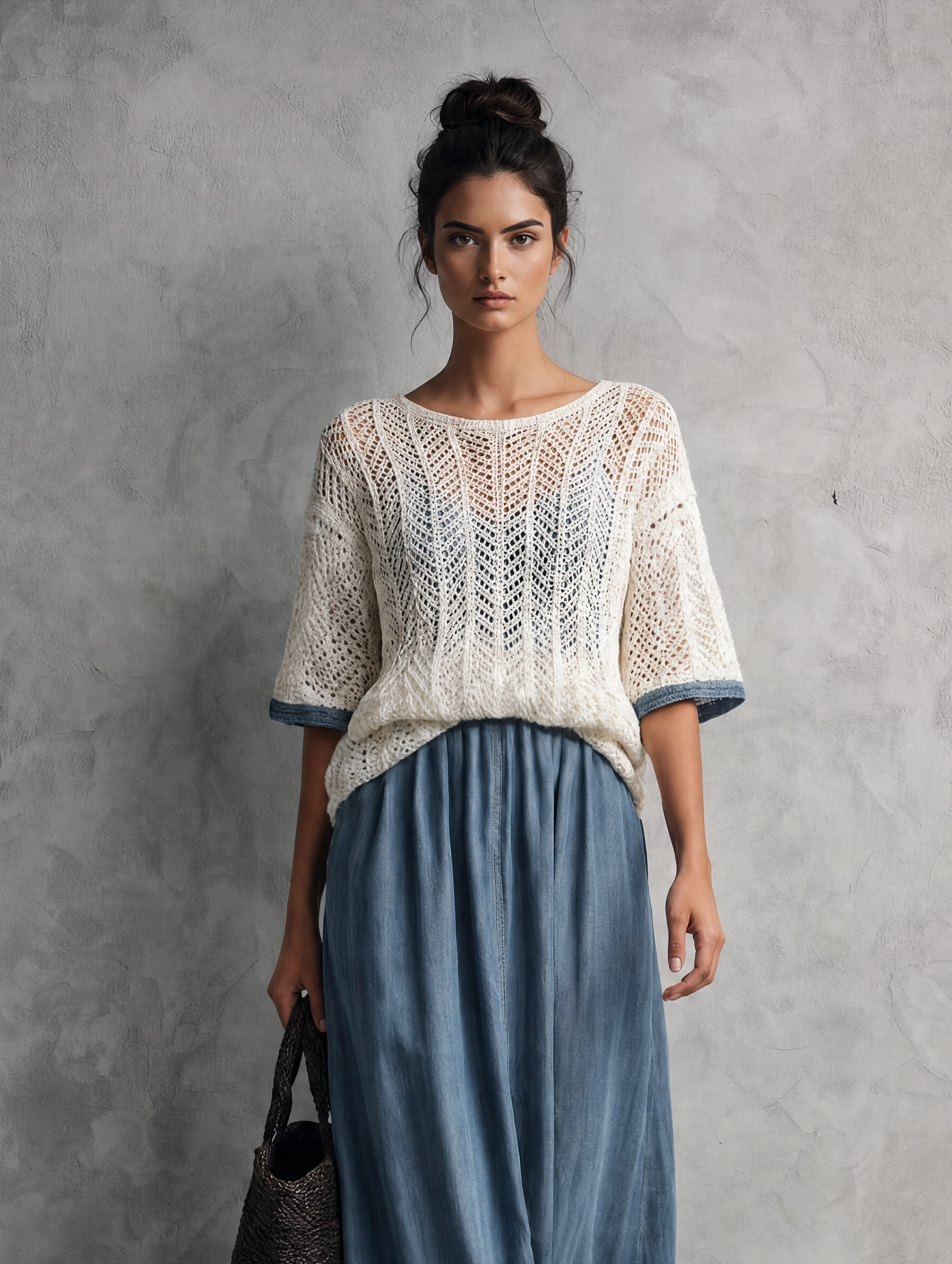 Women's Elegant Beige Short-Sleeved Knit Top And Denim Pinafore Maxi Dress 2-Piece Set MDZ1407H9LXY