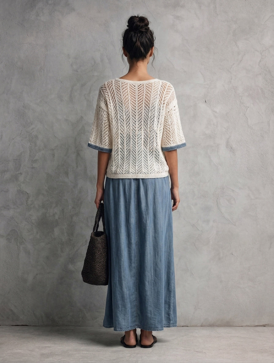Women's Elegant Beige Short-Sleeved Knit Top And Denim Pinafore Maxi Dress 2-Piece Set MDZ1407H9LXY