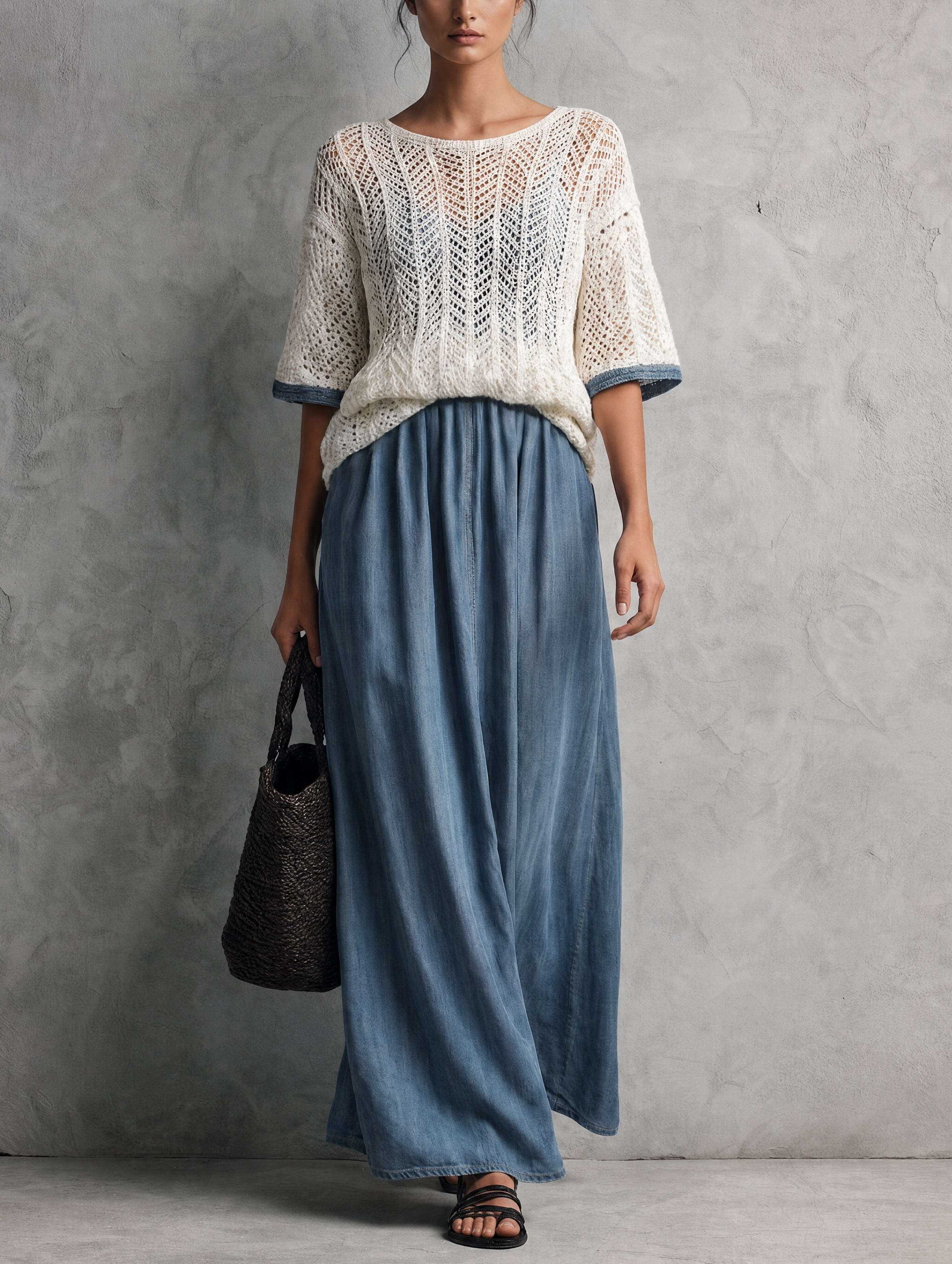 Women's Elegant Beige Short-Sleeved Knit Top And Denim Pinafore Maxi Dress 2-Piece Set MDZ1407H9LXY
