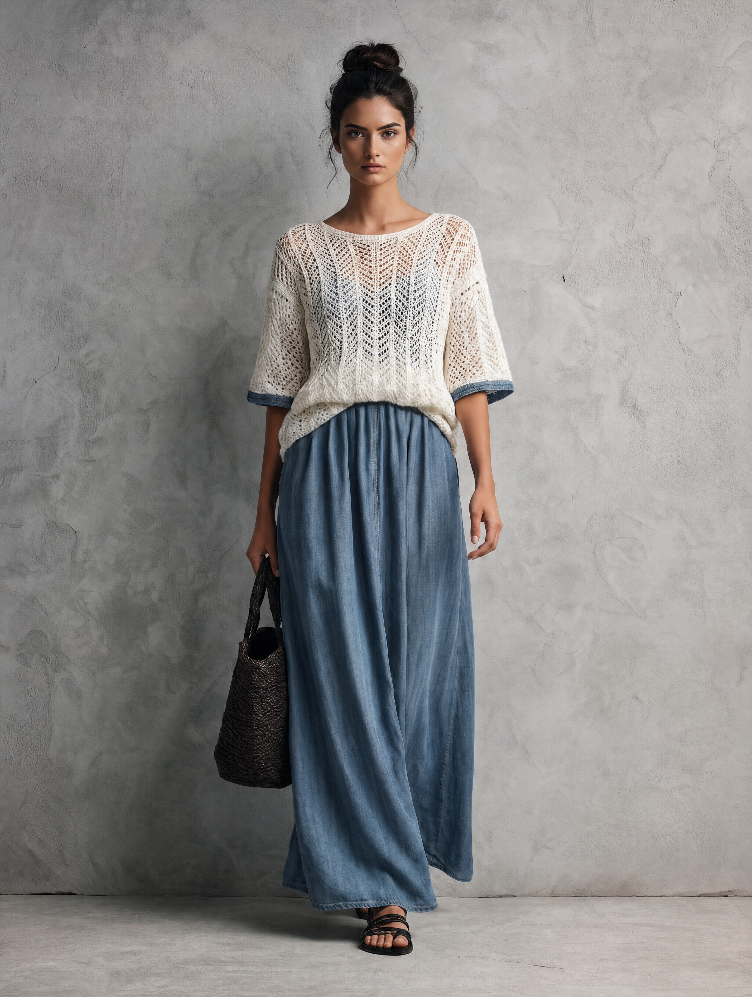 Women's Elegant Beige Short-Sleeved Knit Top And Denim Pinafore Maxi Dress 2-Piece Set MDZ1407H9LXY