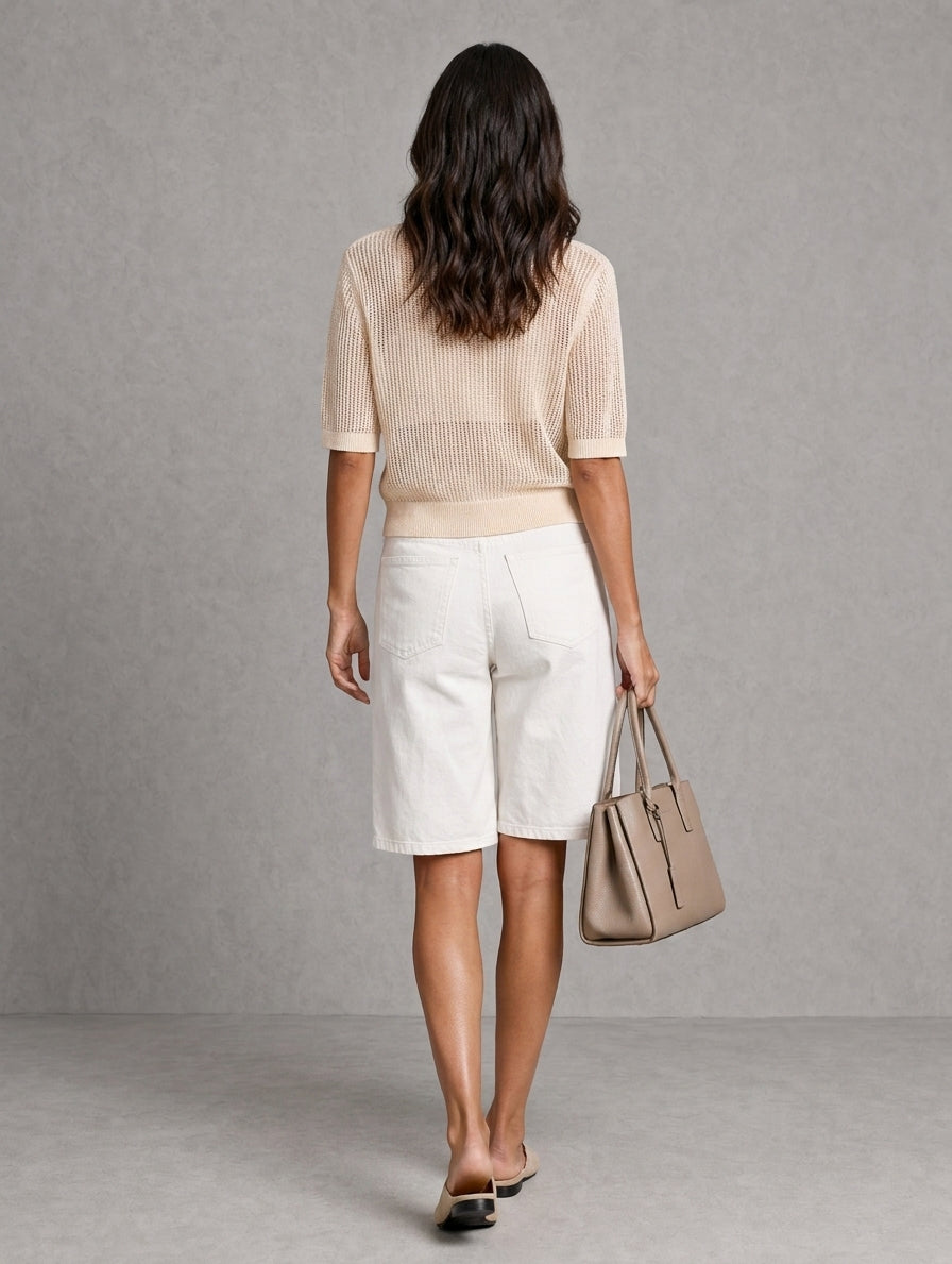 Women's Elegant Beige Short-Sleeved Knit Top And White Woven Mid-Length Trousers 2-Piece Set MDZ1408H1LXY