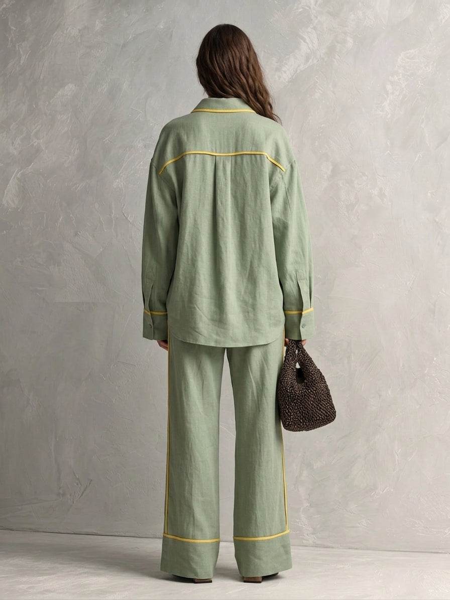 Women's Elegant Light Green Cotton-Linen Long-Sleeved Top And Trousers Two-Piece Set MDZ1456H7LXY