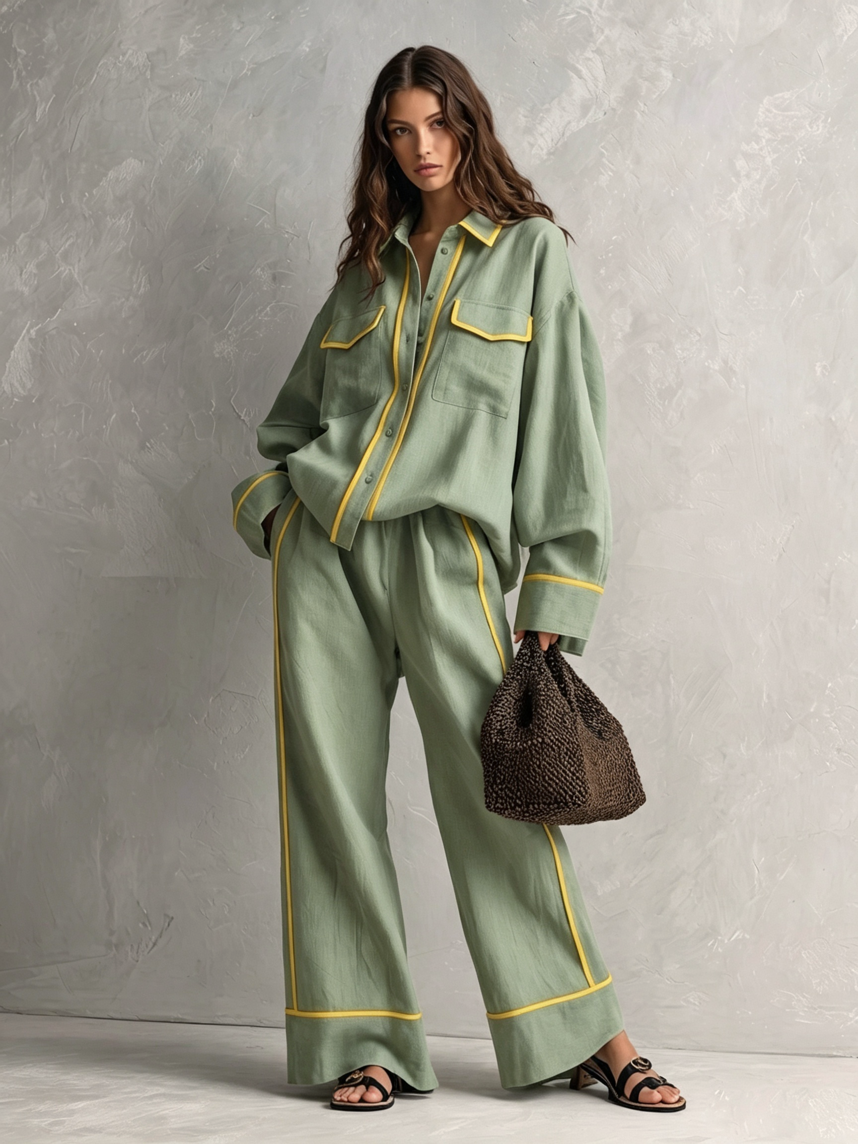 Women's Elegant Light Green Cotton-Linen Long-Sleeved Top And Trousers Two-Piece Set MDZ1456H7LXY