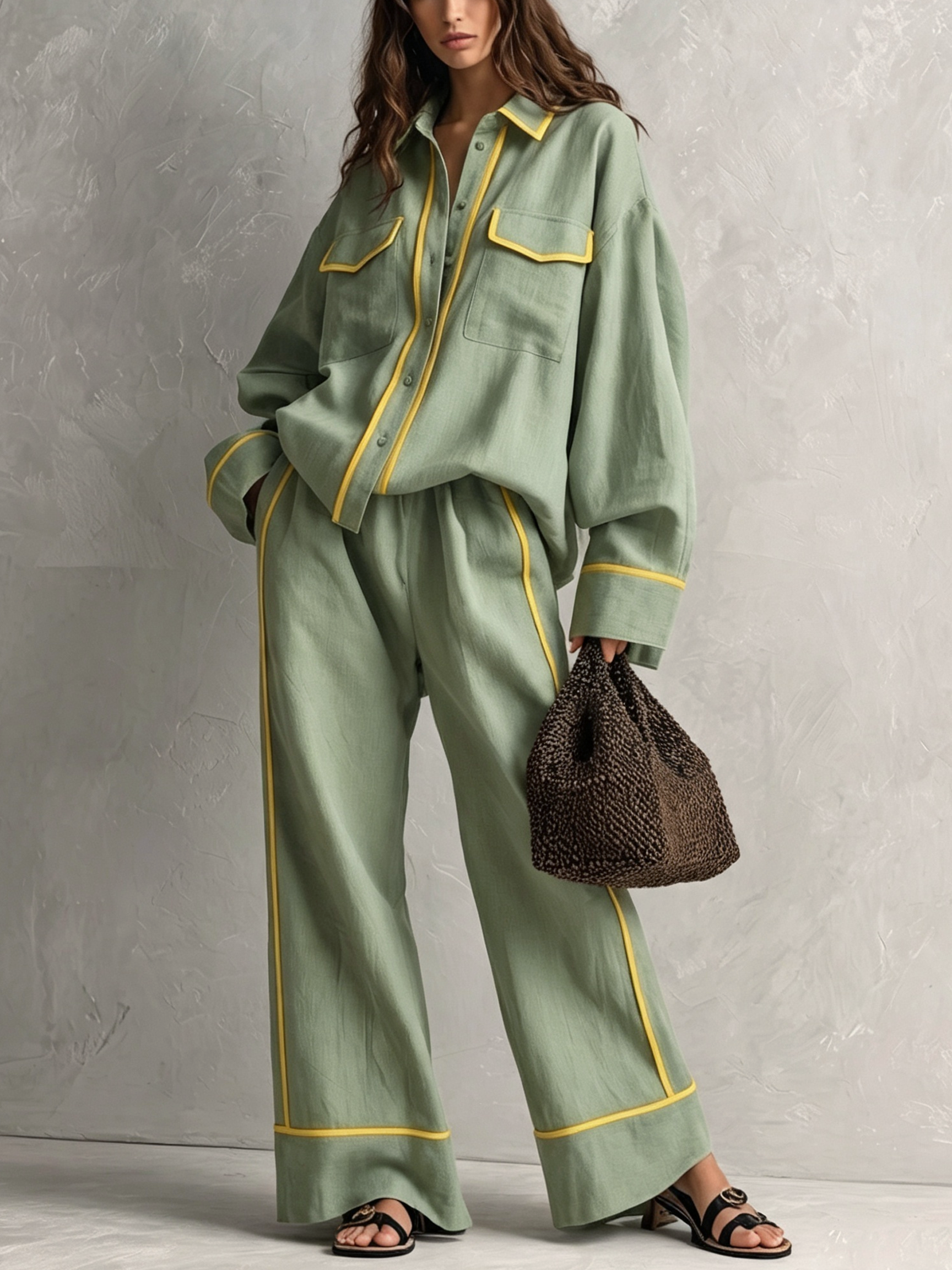 Women's Elegant Light Green Cotton-Linen Long-Sleeved Top And Trousers Two-Piece Set MDZ1456H7LXY