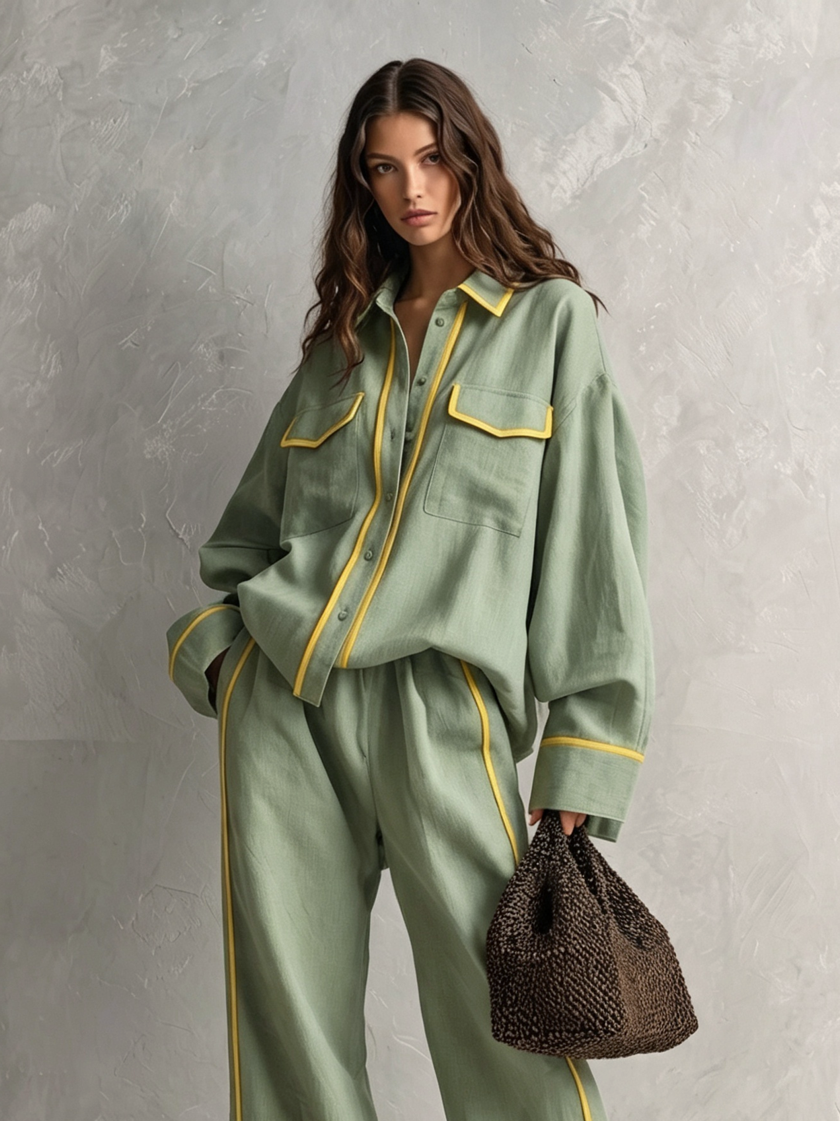 Women's Elegant Light Green Cotton-Linen Long-Sleeved Top And Trousers Two-Piece Set MDZ1456H7LXY
