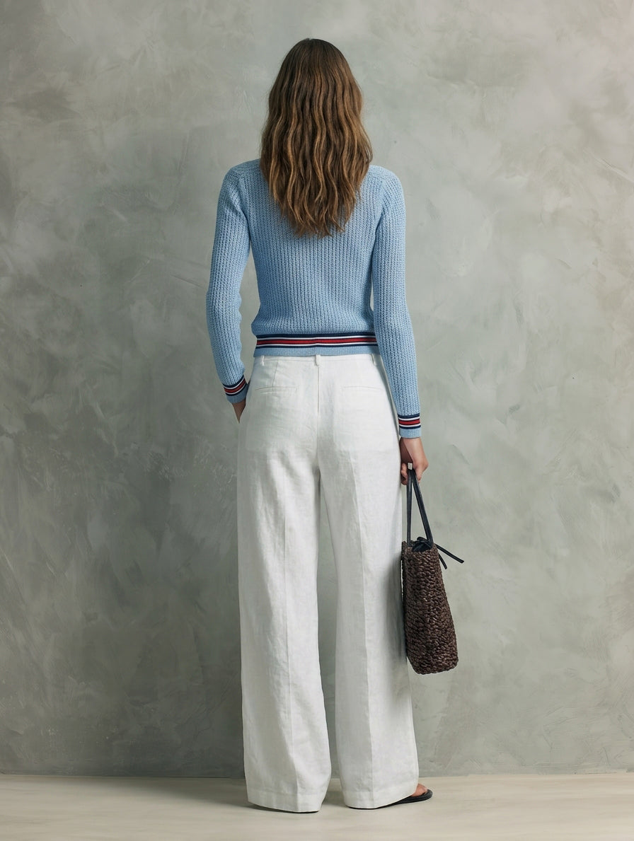 Women's Elegant Blue Long-Sleeved Knit Cardigan And White Cotton-Linen Trousers Two-Piece Set MDZ1436H6LXY