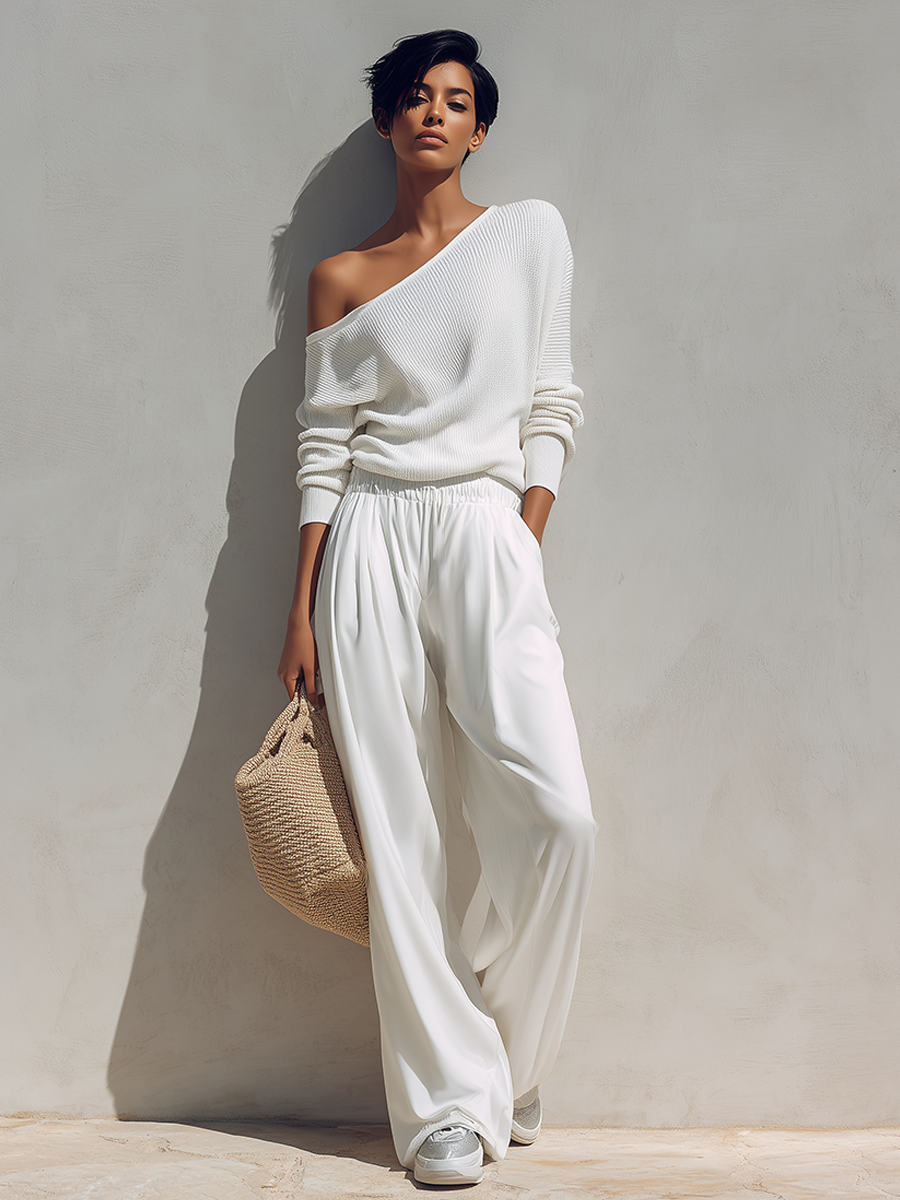 Women's Asymmetric One-Shoulder Knit Top & Wide-Leg Trousers Set MDZ1424H6ZRK