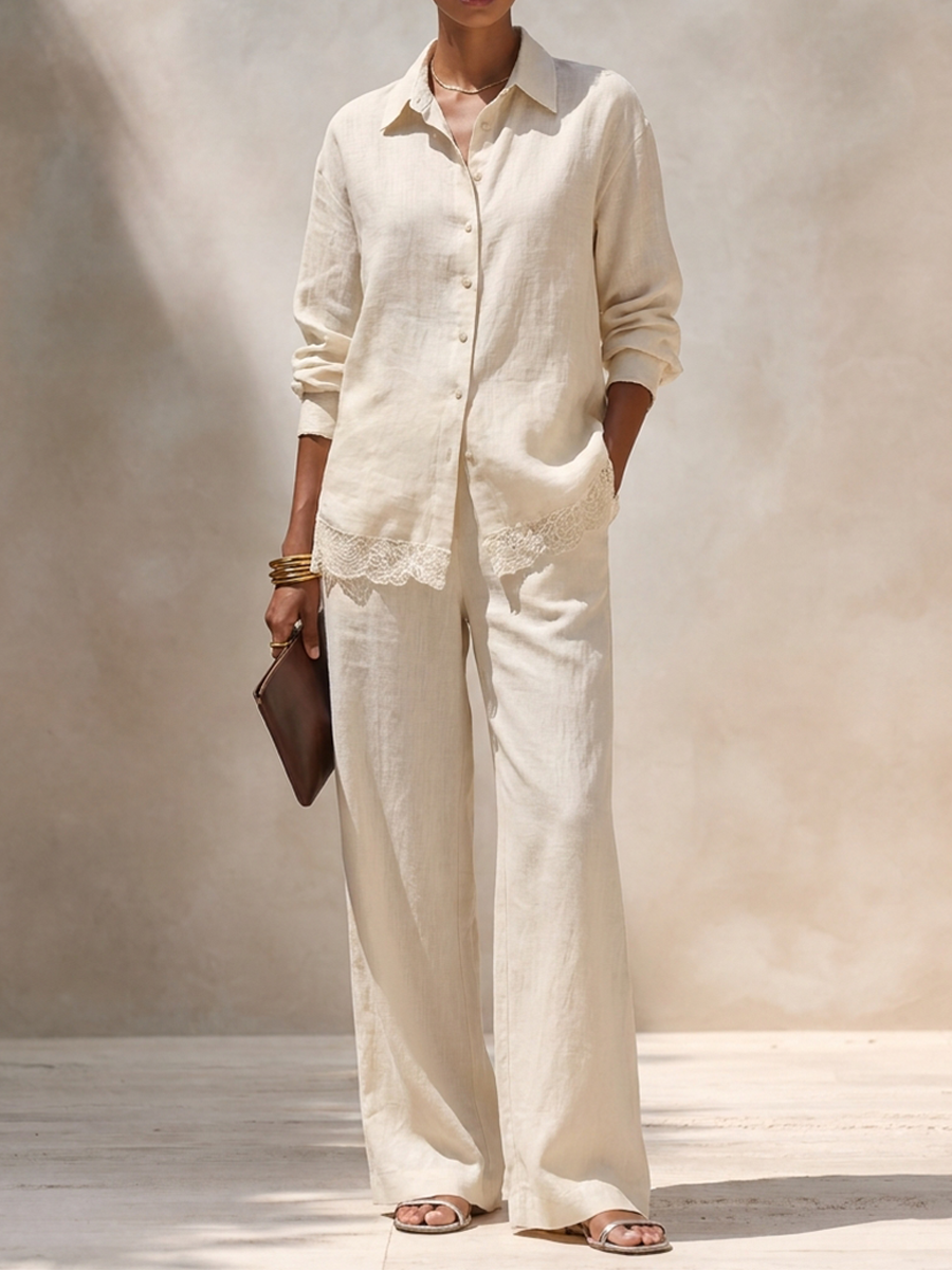 Women's Linen-Blend Shirt And Trouser Set With Lace Hem Detail MDZ1438H7ZRK