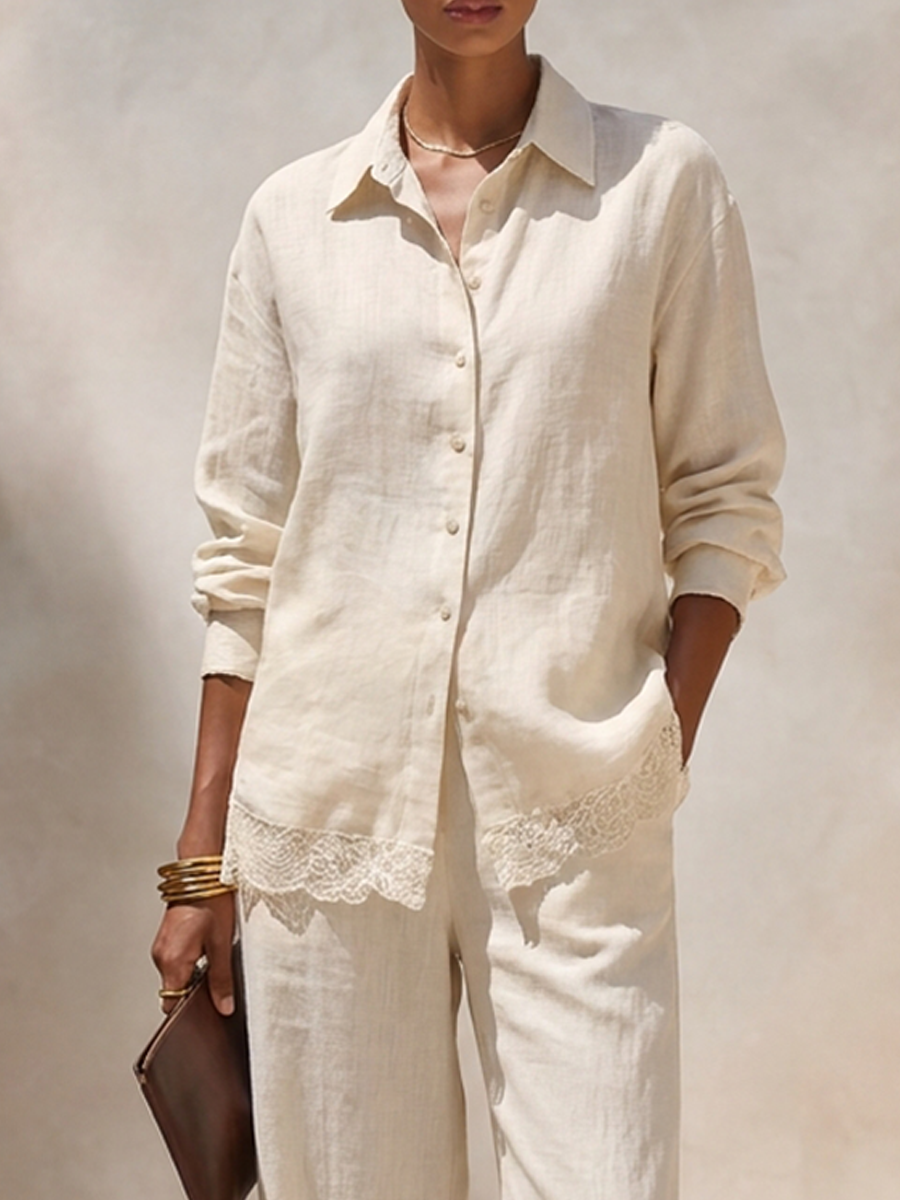 Women's Linen-Blend Shirt And Trouser Set With Lace Hem Detail MDZ1438H7ZRK