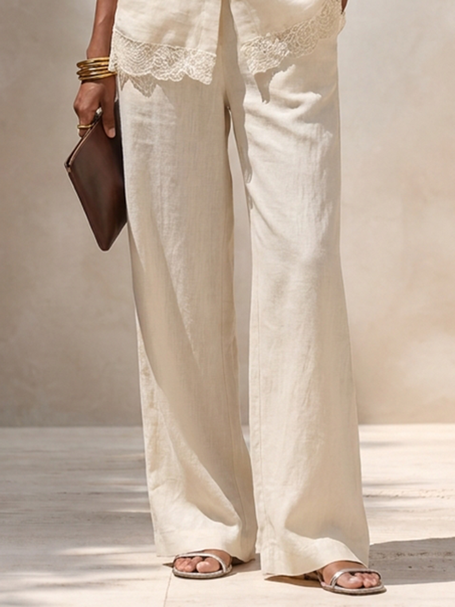 Women's Linen-Blend Shirt And Trouser Set With Lace Hem Detail MDZ1438H7ZRK